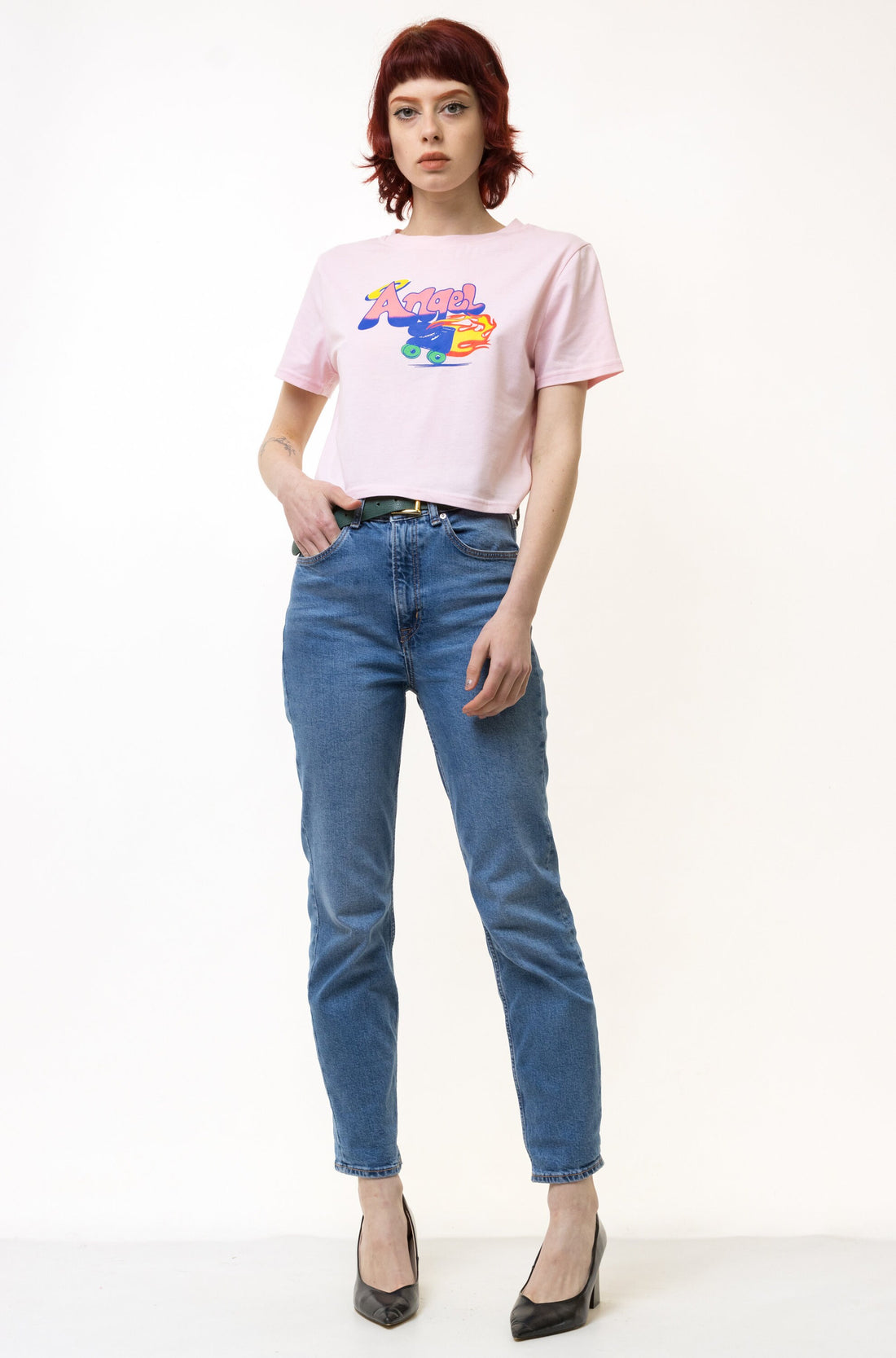 90s Vintage I Pink Graphic T Shirt - Women's L | Vintage Pink Graphic Print Crop Tee