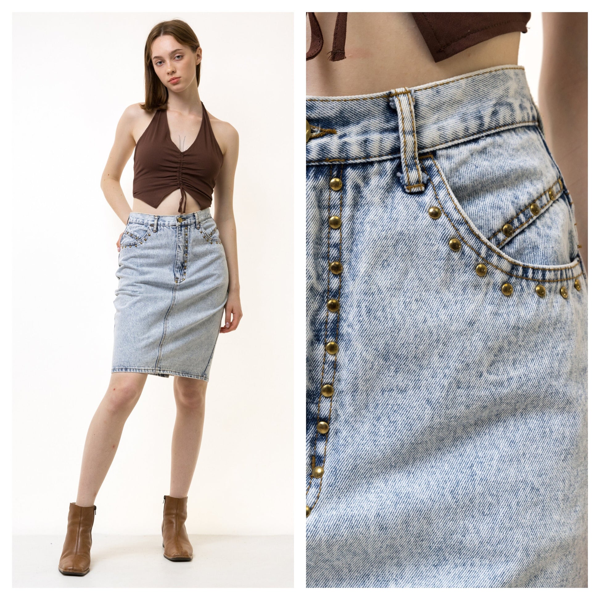 80s Vintage Vtg Rare Acid Wash Blue High Waisted Denim Zip Fastens Mini Skirt in Meduim Blue Grunge Size S Girl Girlfriend Gift