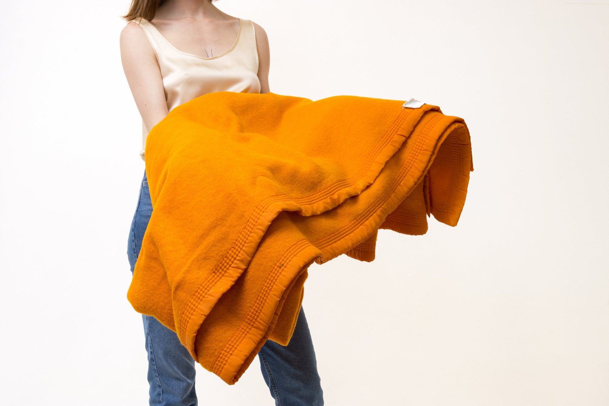 70s Vintage Wool Woolmark Orange Ochre Heavy Blanket 04/ Vintage Wool Home Blanket 220 cm 180 cm