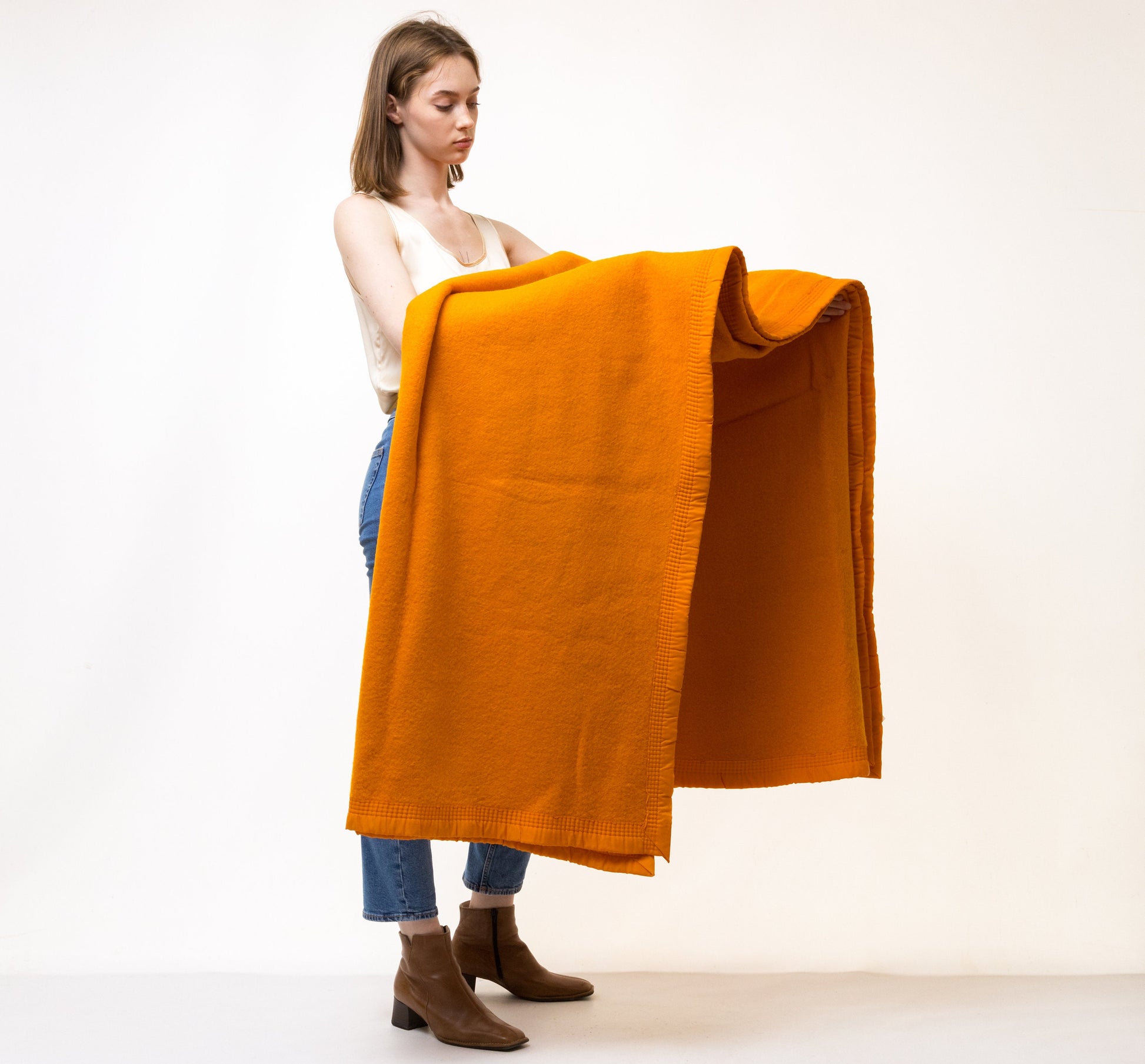 70s Vintage Wool Woolmark Orange Ochre Heavy Blanket 04/ Vintage Wool Home Blanket 220 cm 180 cm