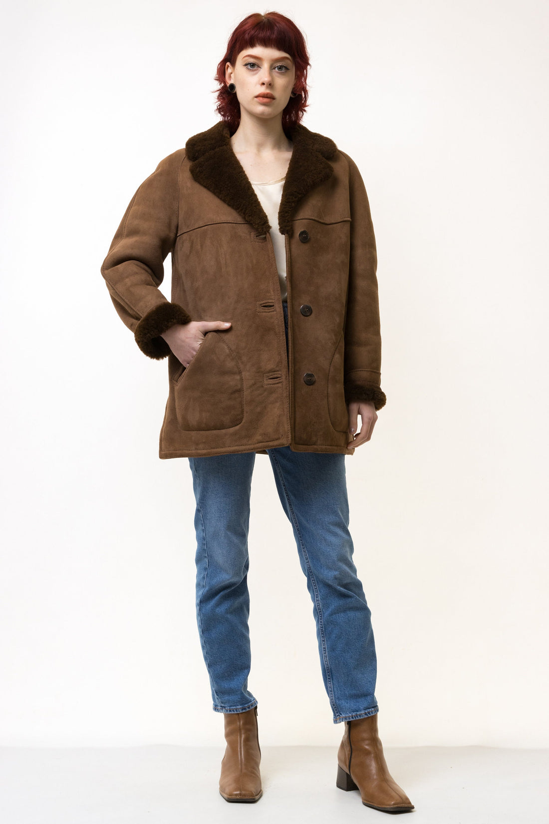 80s Vintage Suede Sheepskin Leather Shearling Fastens Coat size Small / Vintage Leather Shearling Coat/ Vintage Woman Winter Suede Coat