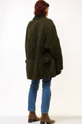 Sherpa Coat Women vintage 80's khaki suede oversized sherpa detachable sleeve sunny green shearl overcoat sustainable fashion Large