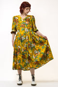 Vintage 70s Maxi Length Yellow Floral A Line 3/4 Sleeves Dress size M Medium / Vintage Woman Maxi Length Dress/ Vintage Woman Dress