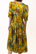 Vintage 70s Maxi Length Yellow Floral A Line 3/4 Sleeves Dress size M Medium / Vintage Woman Maxi Length Dress/ Vintage Woman Dress