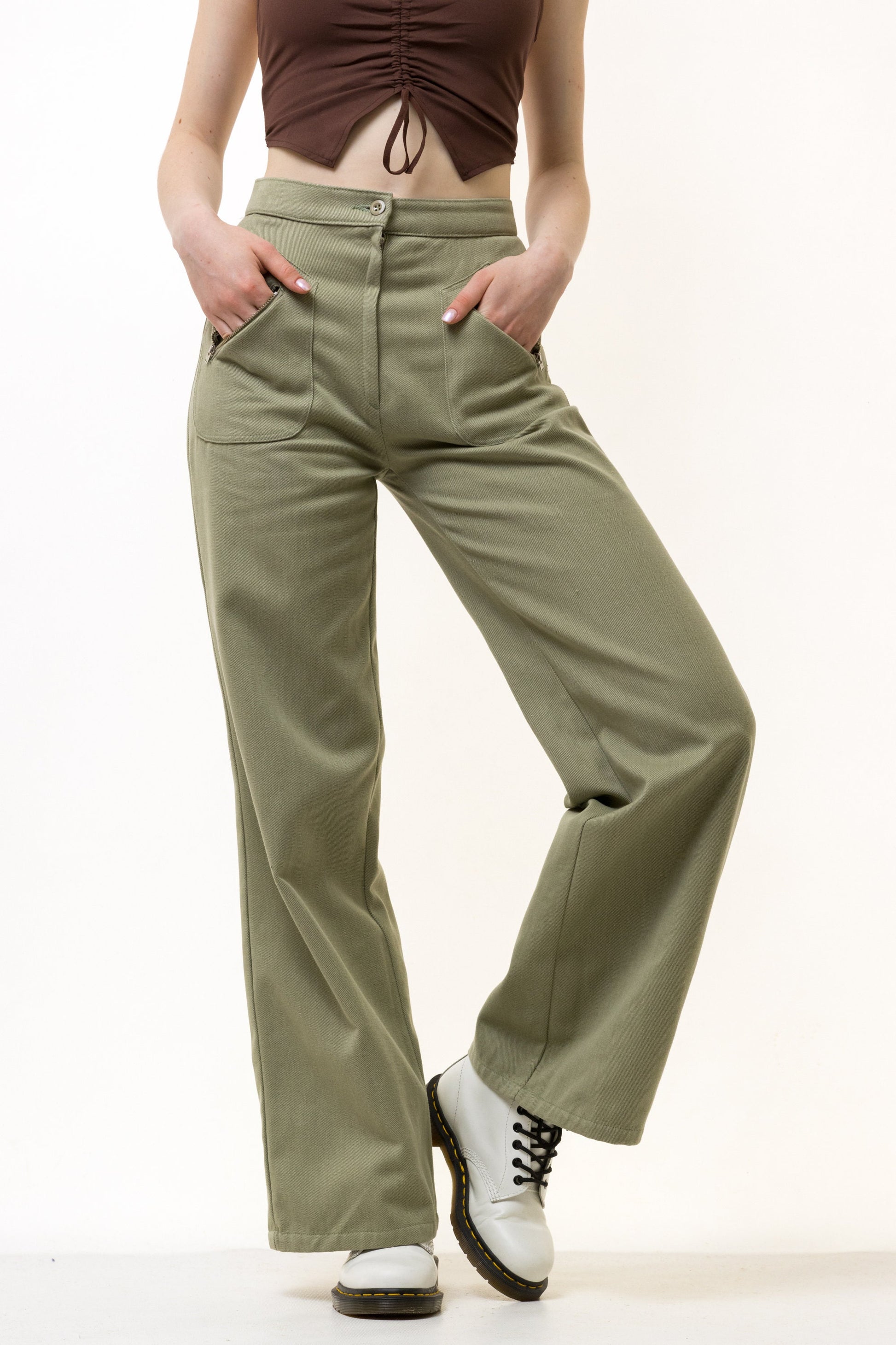 80s Vintage Khaki Cargo High Waisted Woman Fall Cotton High Waisted Moms Trousers fits size Small