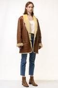 80s Vintage Leather Sheepskin Shearling Fastens Coat size Medium/ Vintage Leather Shearling Coat/ Vintage Woman Winter Leather Coat