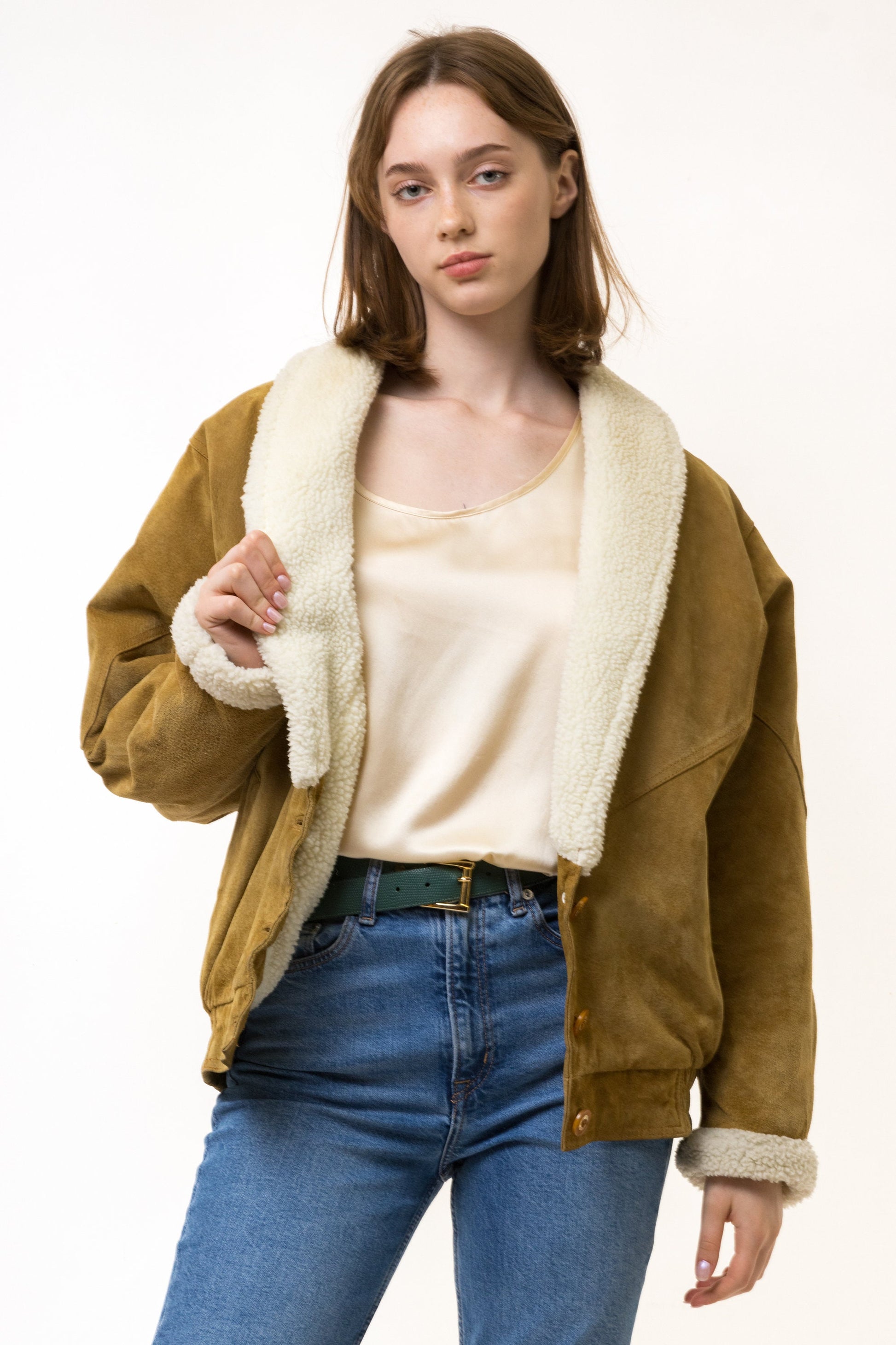 80s Vintage Suede Sheepskin Leather Shearling Fastens Coat size Medium/ Vintage Leather Winter Coat/ Vintage Woman Winter Suede Coat