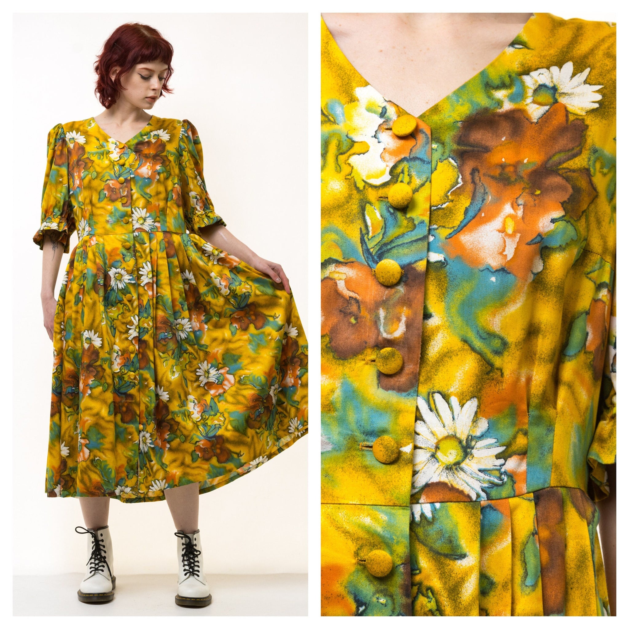 Vintage 70s Maxi Length Yellow Floral A Line 3/4 Sleeves Dress size M Medium / Vintage Woman Maxi Length Dress/ Vintage Woman Dress