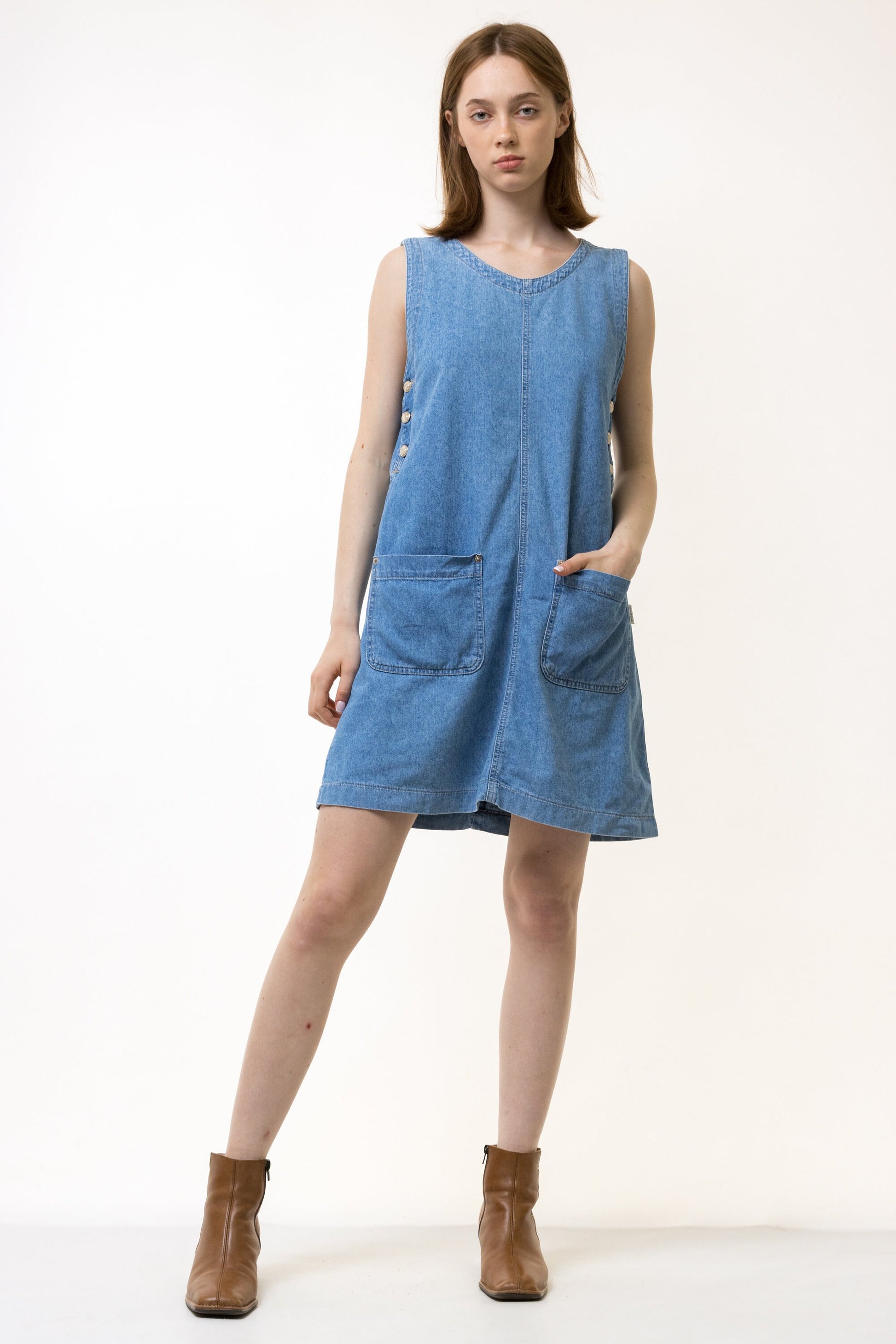 90s Vintage Vtg Rare Denim Dungaree Mid Wash Dress Knee Length 90s Vintage Woman Denim Short Sleeves Grunge Mini Style Dress