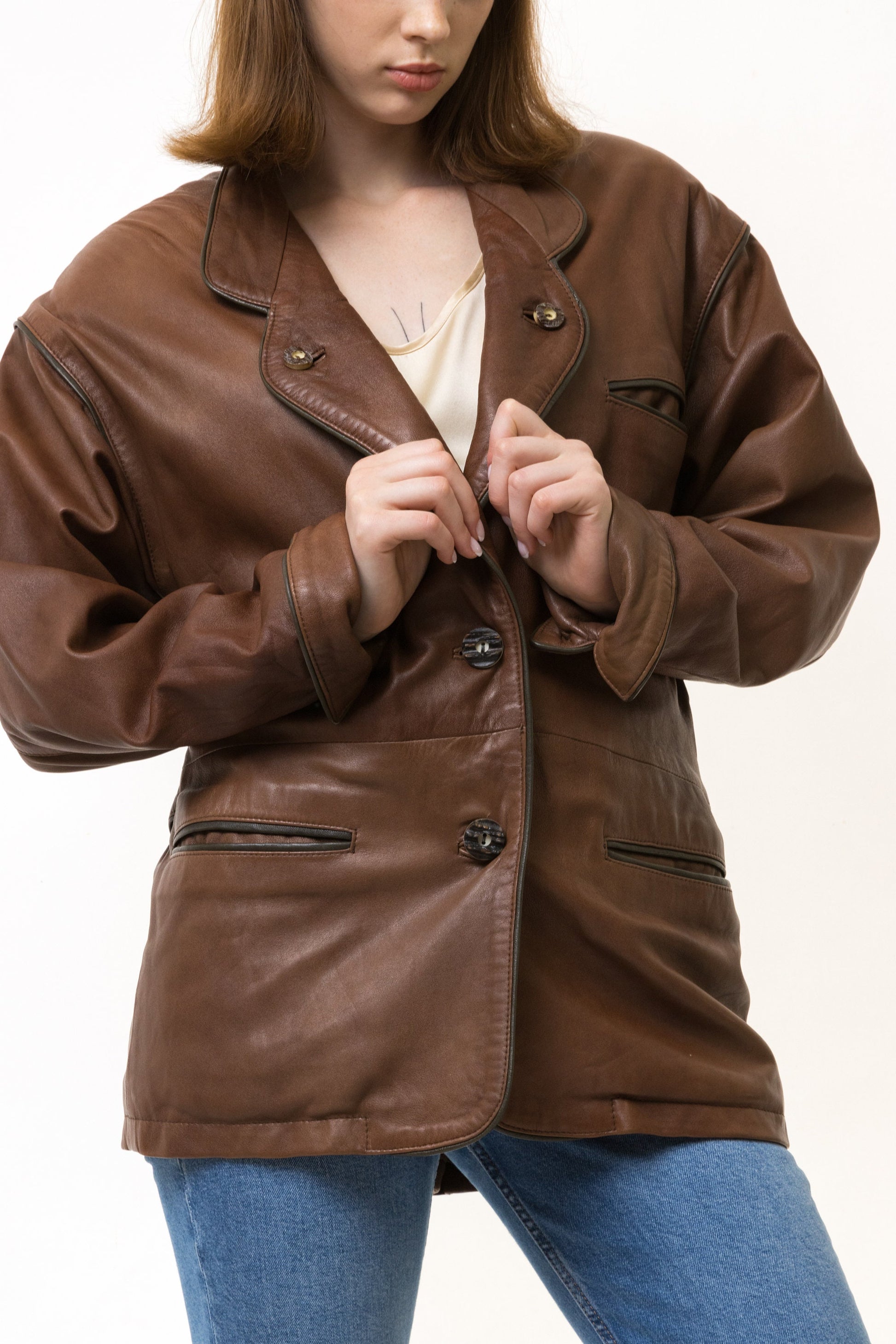 80s Vintage Vtg Rare Brown Leather Lined Oversized Trench Outwear Autumn Jacket Girlfriend Gift Present Vintage Coat size S