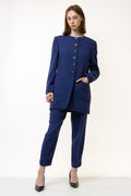 Vintage Jaeger Suit | 80s Vintage Jaeger London Dark Blue Beige pinstripe dark academia high waisted pants and coat 2 piece suit set