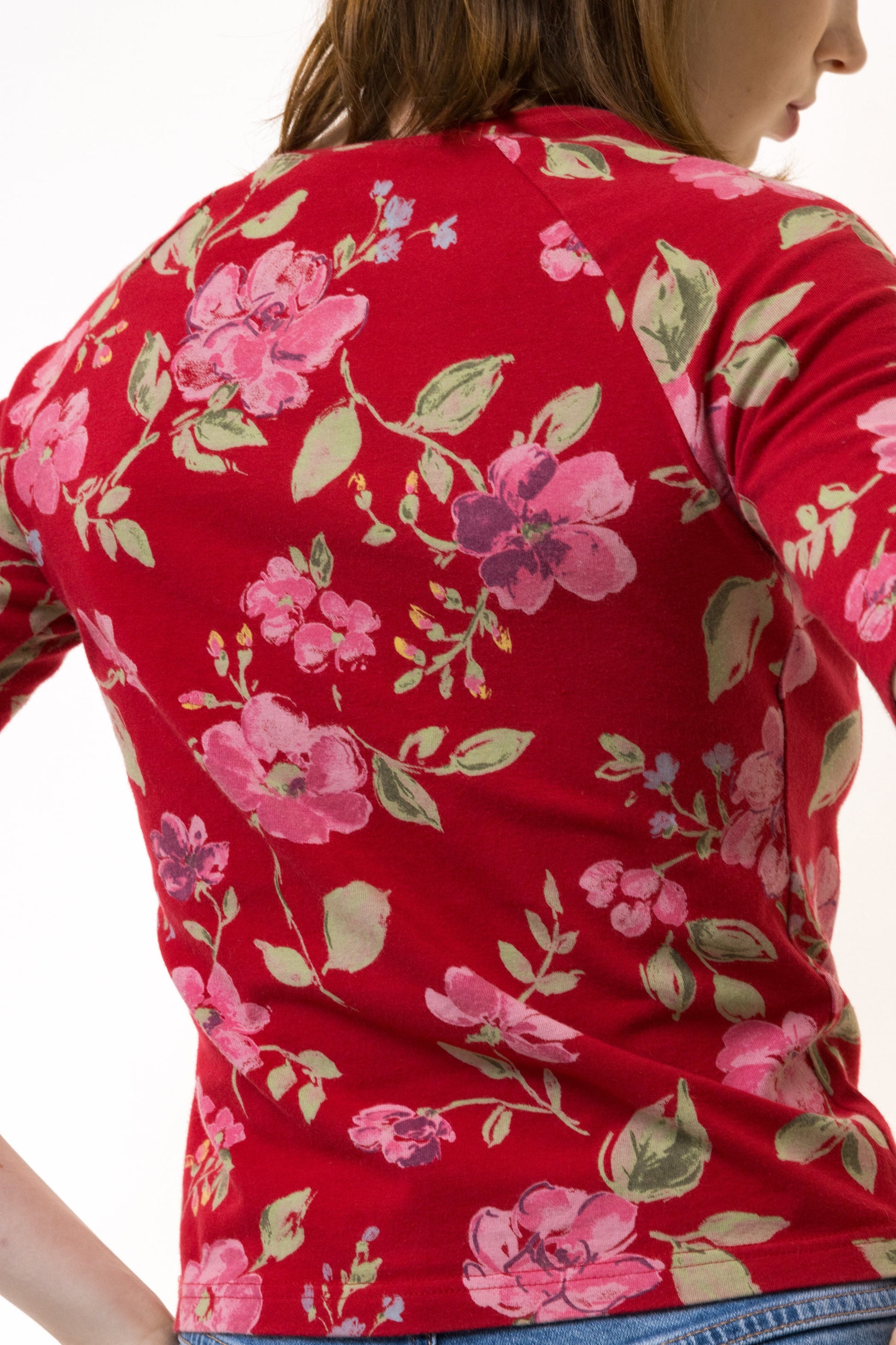 80s Vintage Red Floral Pattern Natural Fabric Short Sleeve in Pattern Shirt size 1 Small Retro Woman Floral Top