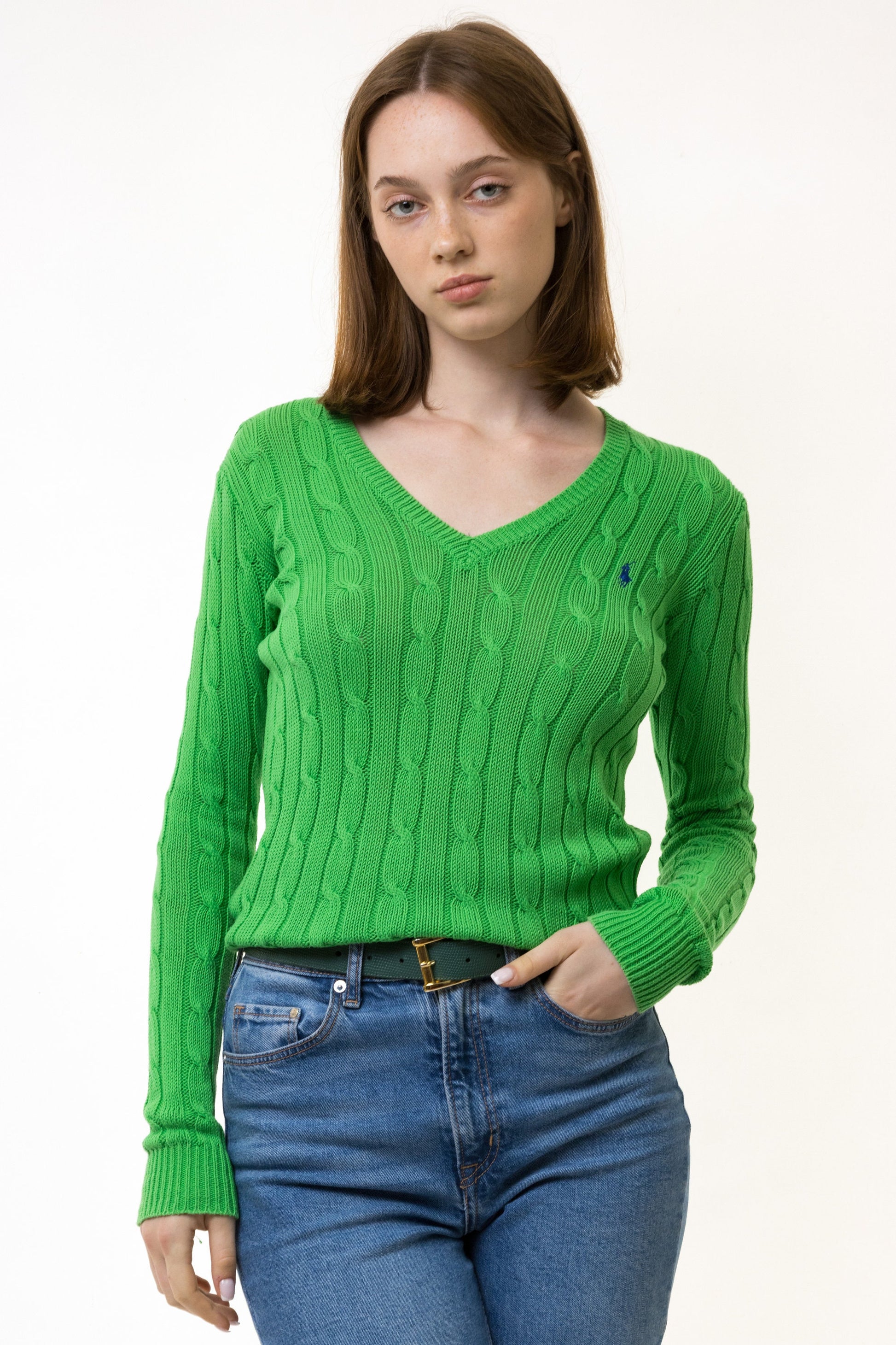 Ralph Lauren Sweater y2k Green Polo Sweater Knitted Cotton Knit Pullover Jumper V Neck Plain Retro Basic Vintage 90s Womens Xs