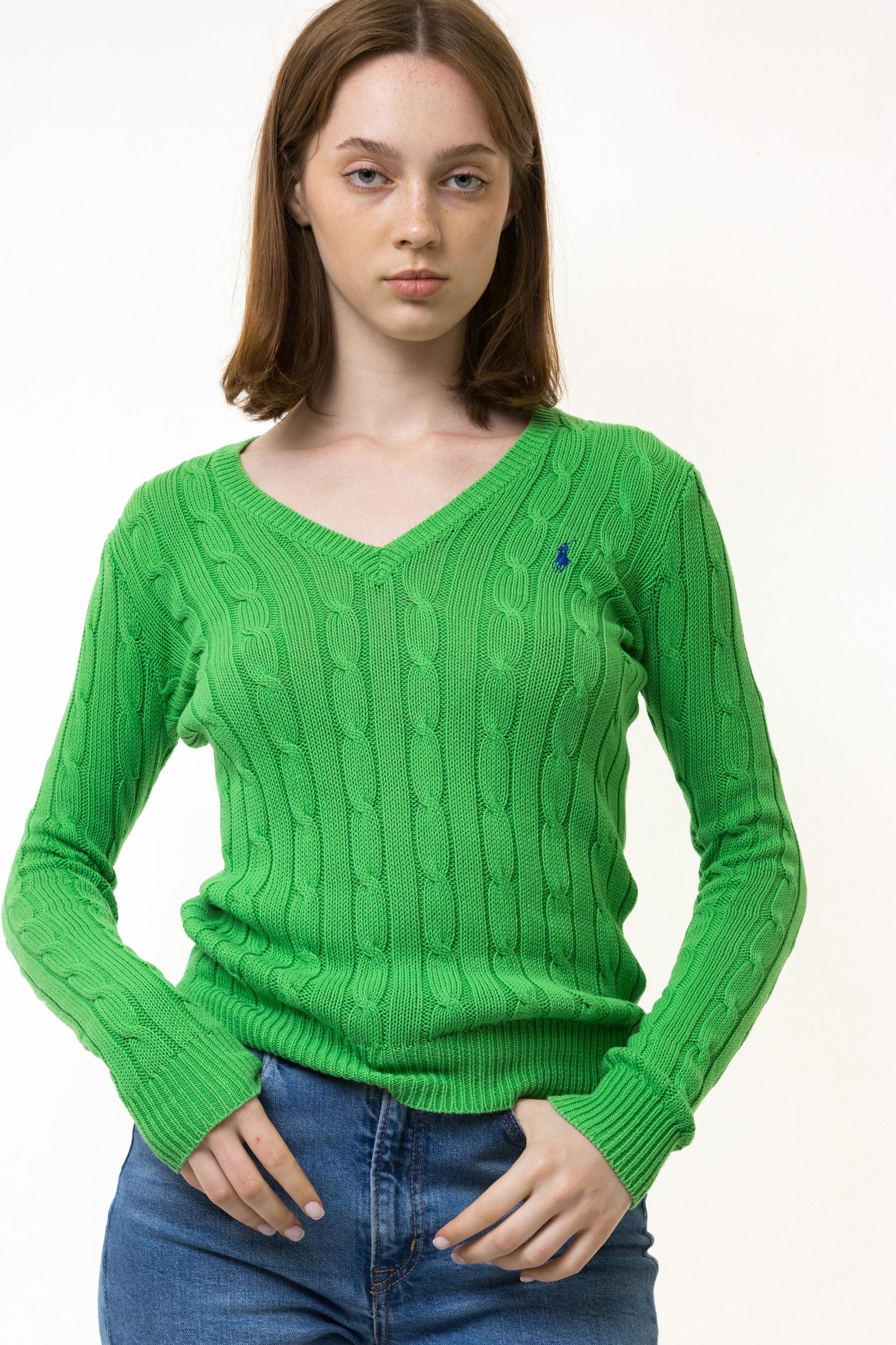 Ralph Lauren Sweater y2k Green Polo Sweater Knitted Cotton Knit Pullover Jumper V Neck Plain Retro Basic Vintage 90s Womens Xs