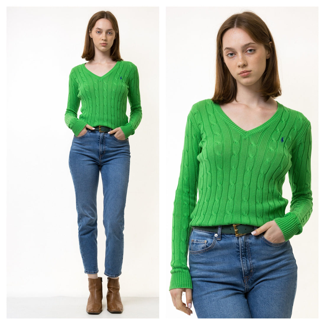 Ralph Lauren Sweater y2k Green Polo Sweater Knitted Cotton Knit Pullover Jumper V Neck Plain Retro Basic Vintage 90s Womens Xs