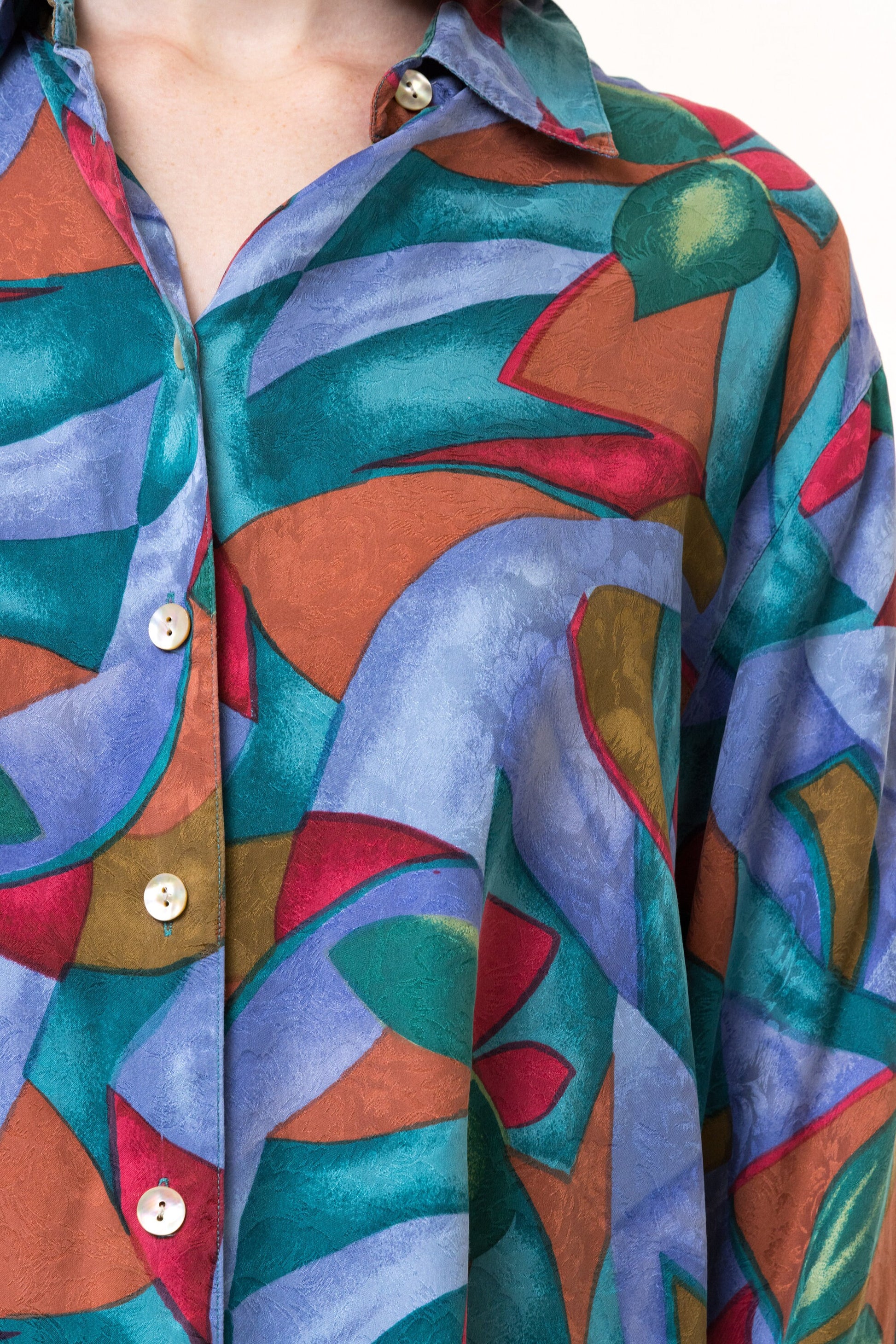 80s Vintage 100% Silk Seta Abstract Pattern Natural Fabric Long Sleeve in Pattern Shirt Buttons Up Blouse size 40 Medium