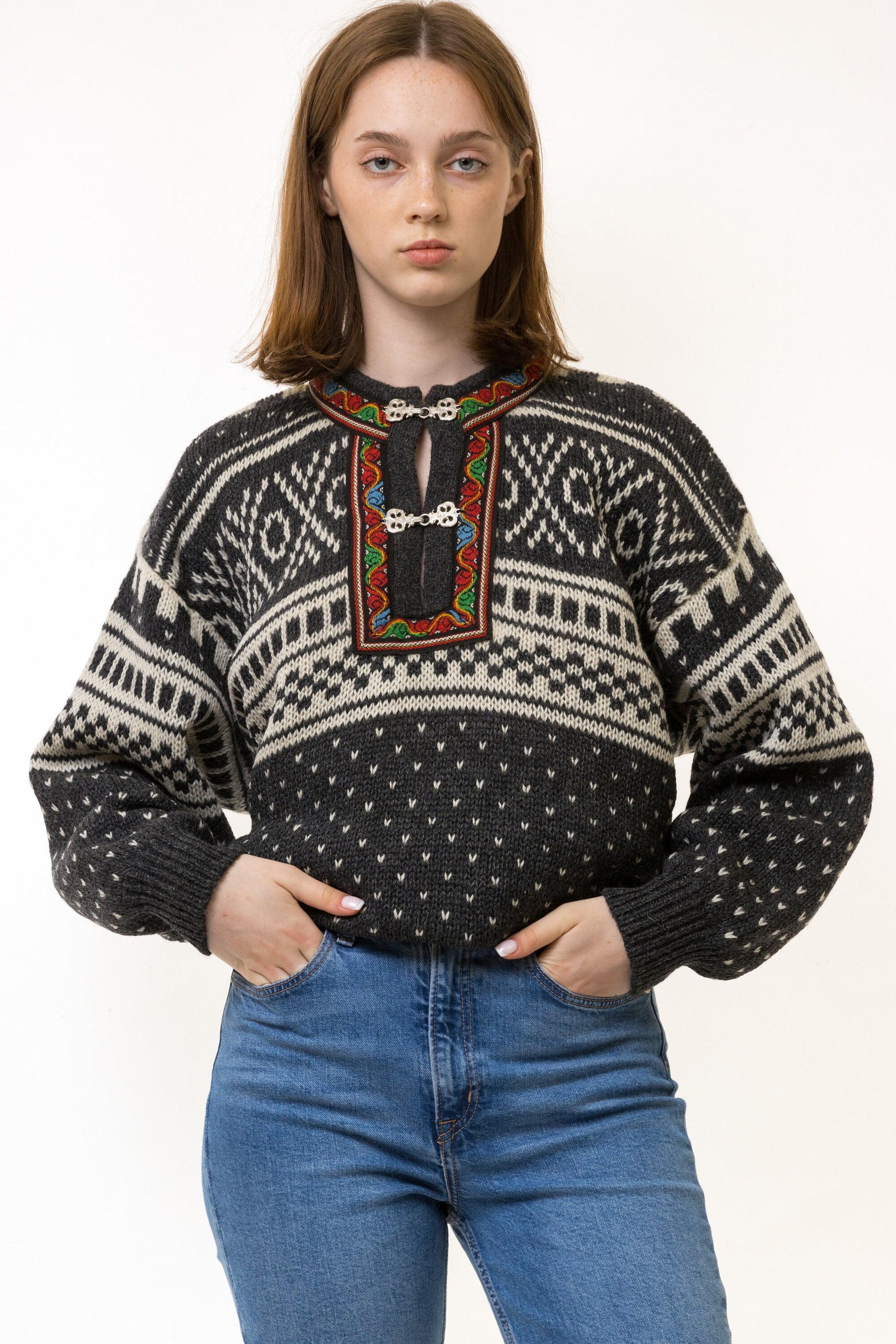 70s Vintage Norway Knitwear Abstract Ornament Wool Jumper Sweater/ Vintage Woman Fair Isle Wool Sweater size Large