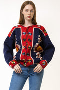 70s Vintage Del Mundo Ecuador Handknitted Wool Sweater Knitwear Blue Red Handmade Woman Free Size Pullover