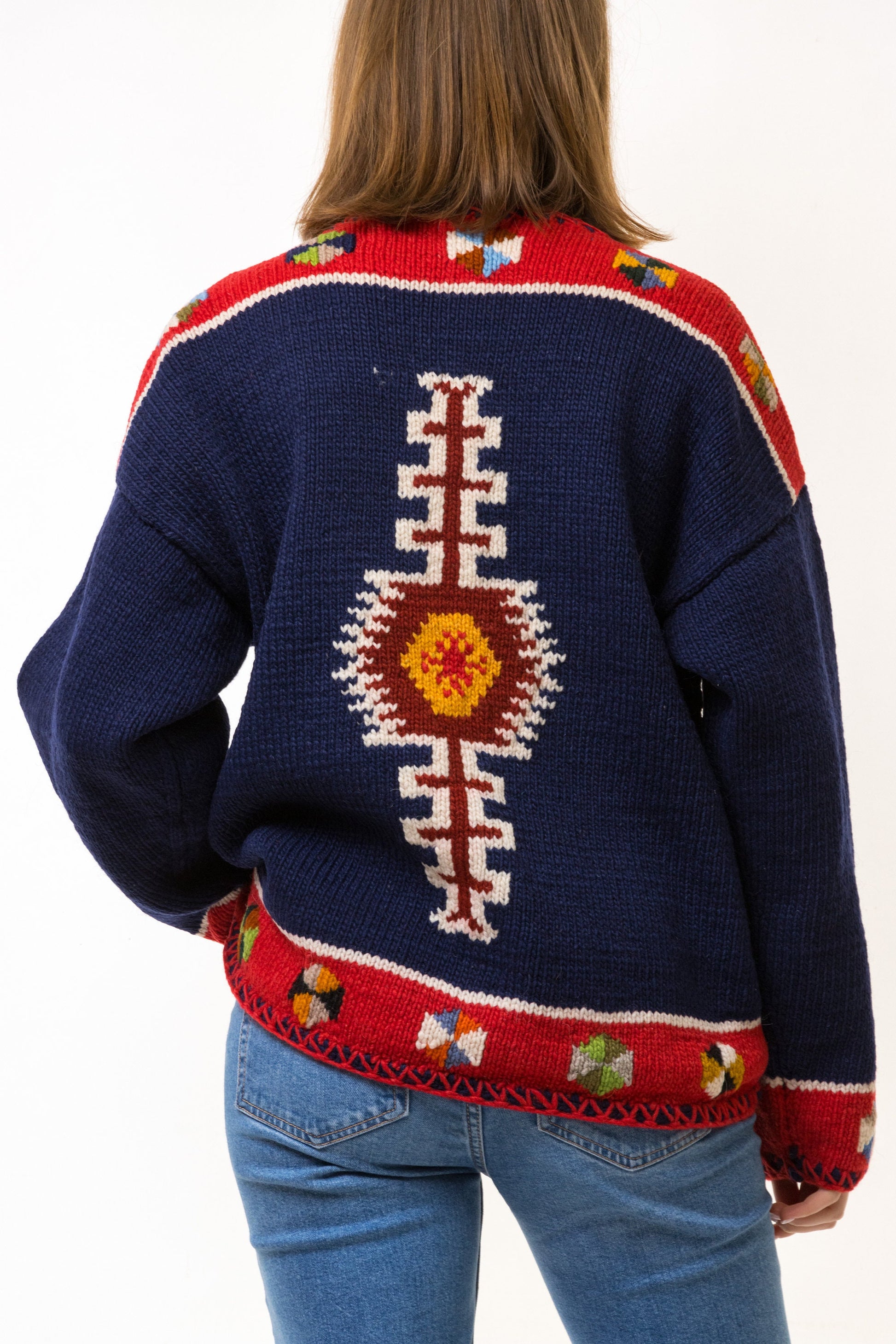 70s Vintage Del Mundo Ecuador Handknitted Wool Sweater Knitwear Blue Red Handmade Woman Free Size Pullover