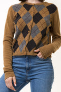 80s Vintage Brown Check Crew Neck Wool Sweater Jumper Cardigan Girlfriend Gift Present Womans Wear Vintage Clothes Small