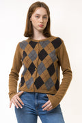 80s Vintage Brown Check Crew Neck Wool Sweater Jumper Cardigan Girlfriend Gift Present Womans Wear Vintage Clothes Small