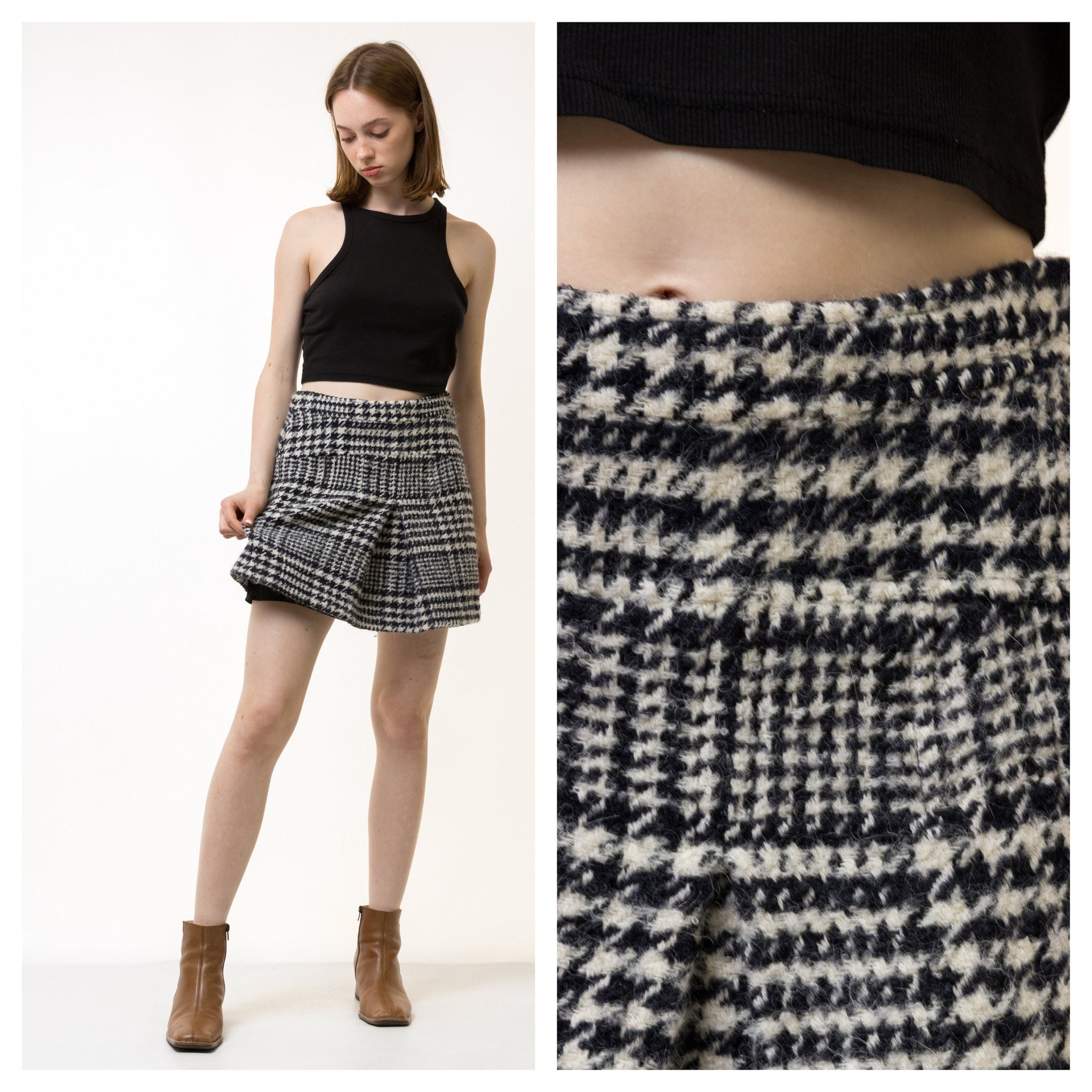 90s Vintage Black and White Checked Mini A Line Woman Skirt size S Small/ Vintage Woman Mini Wool Skirt/ Vintage Woman Clothing