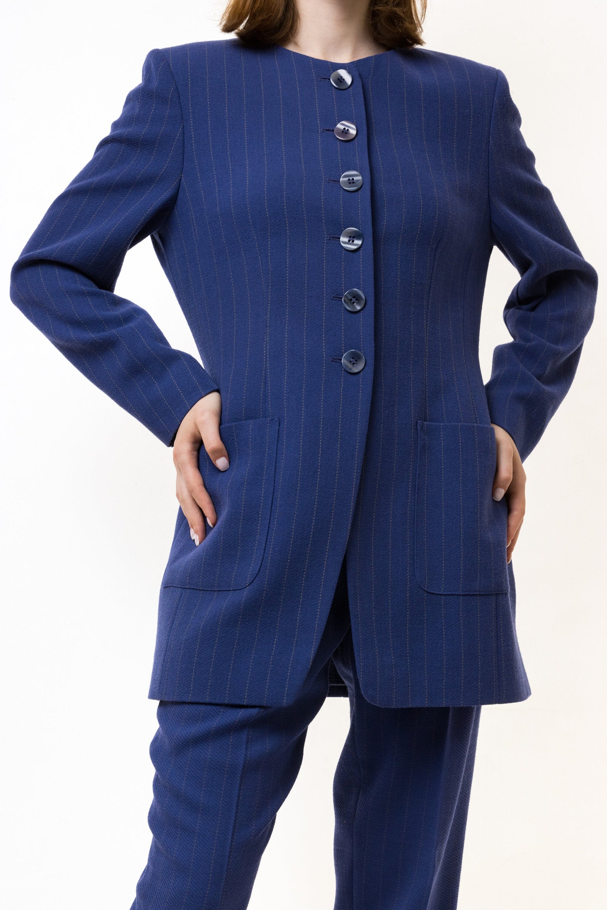 Vintage Jaeger Suit | 80s Vintage Jaeger London Dark Blue Beige pinstripe dark academia high waisted pants and coat 2 piece suit set