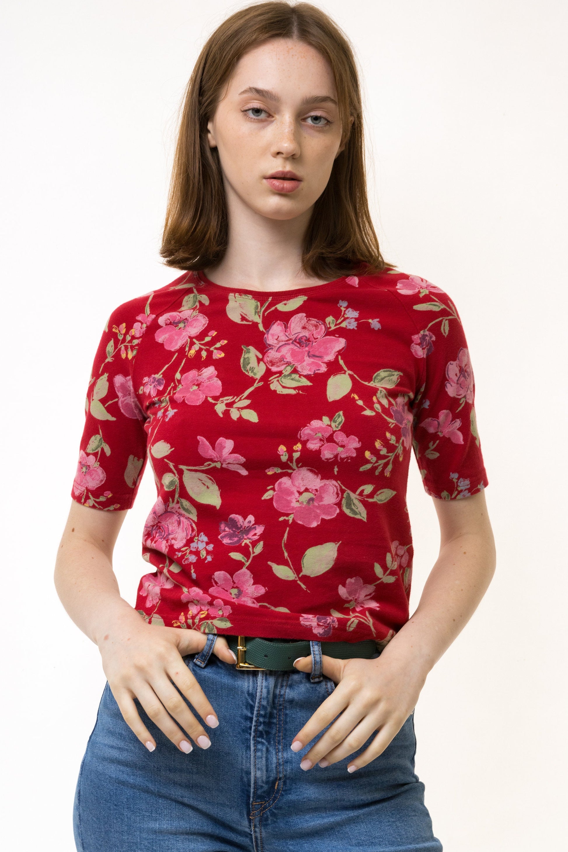 80s Vintage Red Floral Pattern Natural Fabric Short Sleeve in Pattern Shirt size 1 Small Retro Woman Floral Top