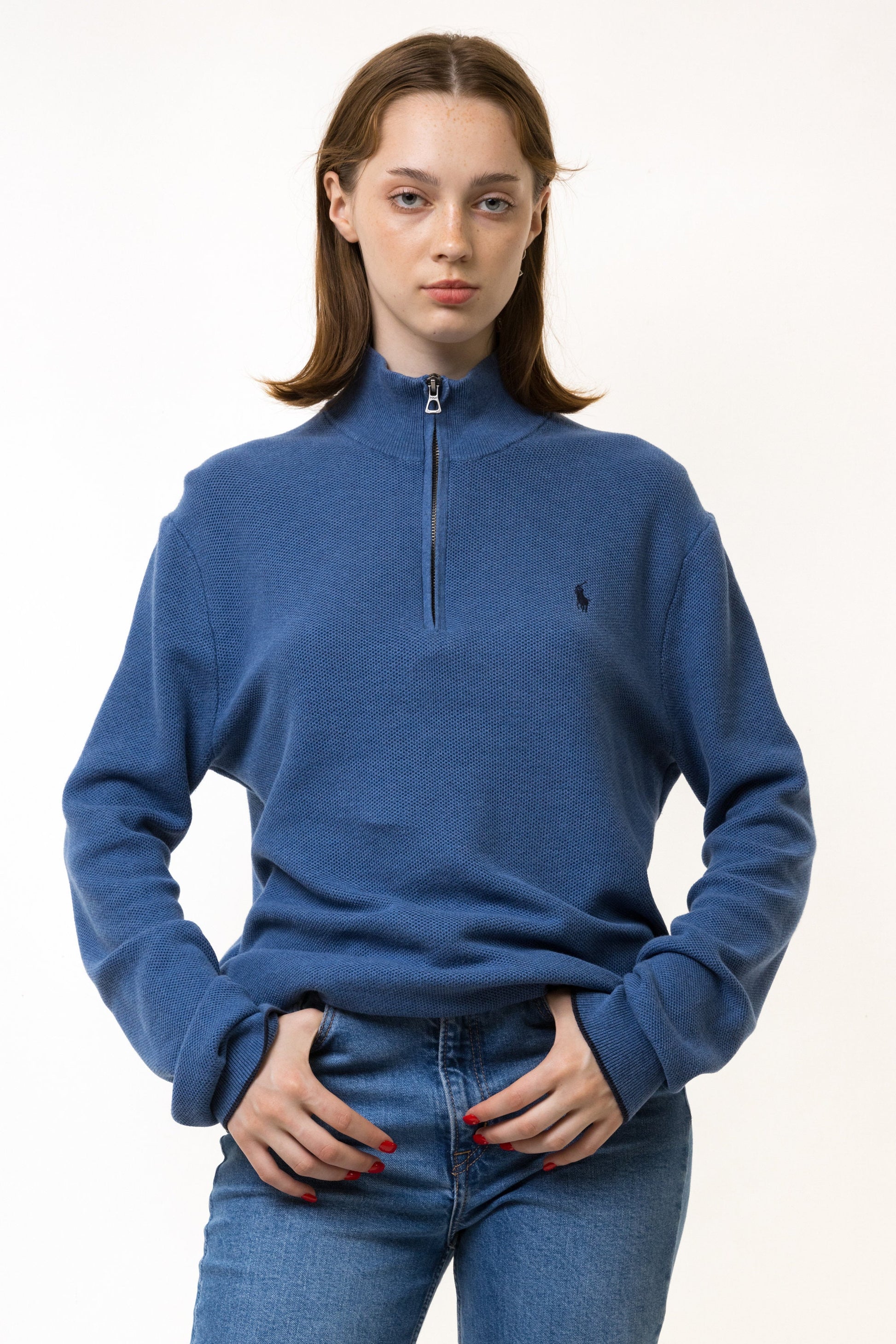 Vintage Polo Ralph Lauren Blue Pima Cotton Relaxed Fit Ribbed Quarter Zip Pullover with Blue Pony Logo Medium