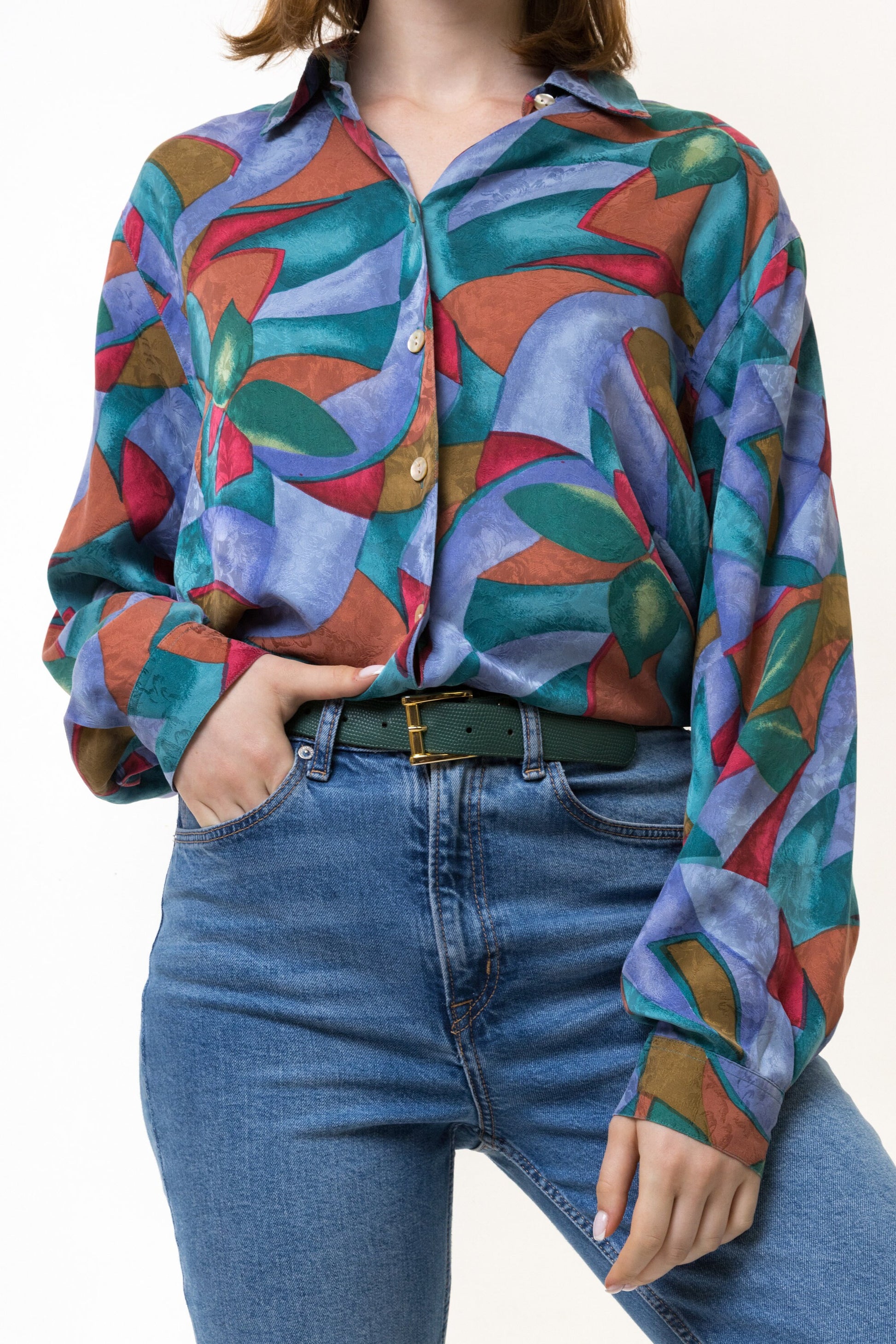 80s Vintage 100% Silk Seta Abstract Pattern Natural Fabric Long Sleeve in Pattern Shirt Buttons Up Blouse size 40 Medium