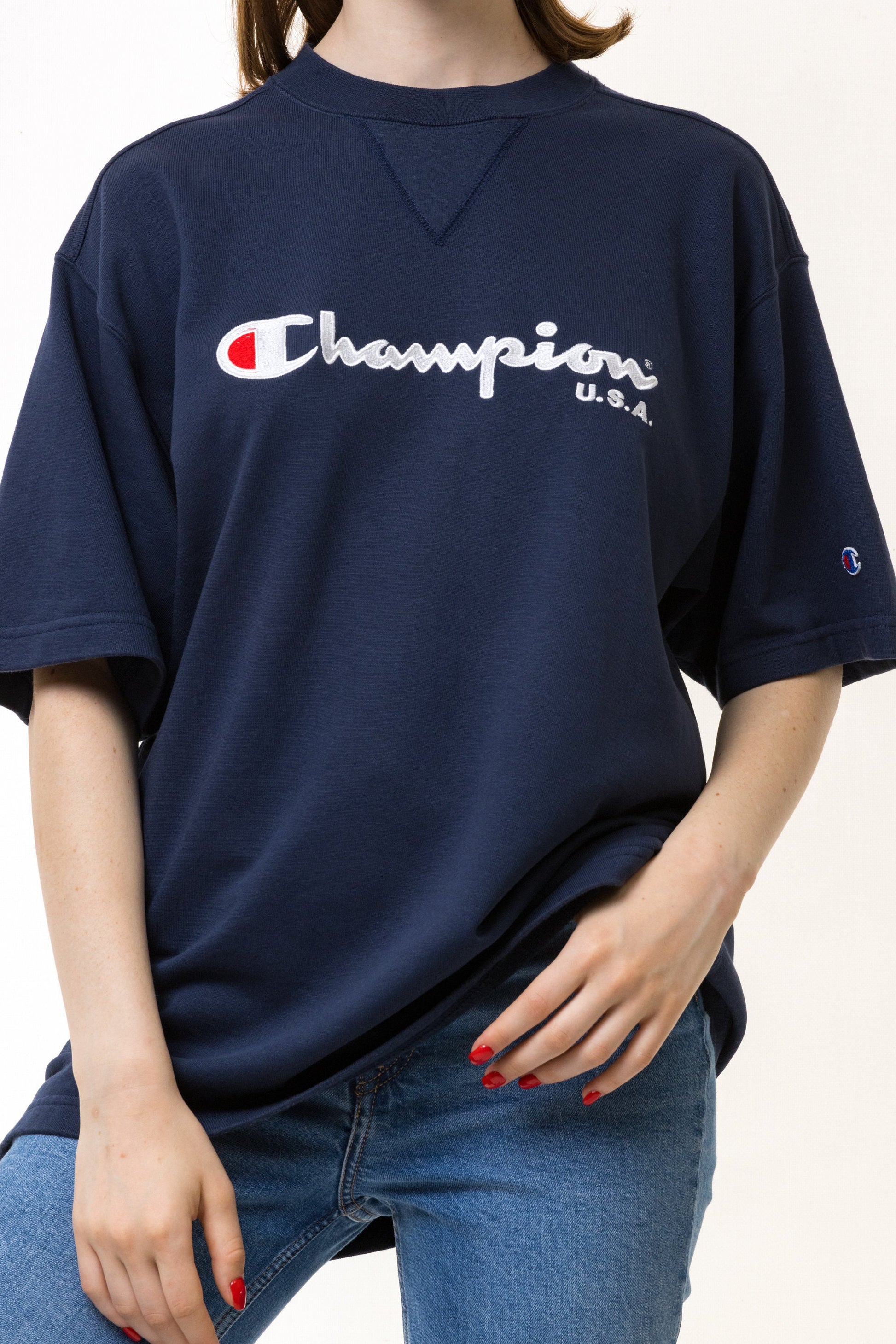 90s Vintage Champion Silver Graphic T Shirt - Men's M, Women's L | Vintage Blue Graphic Print Tee