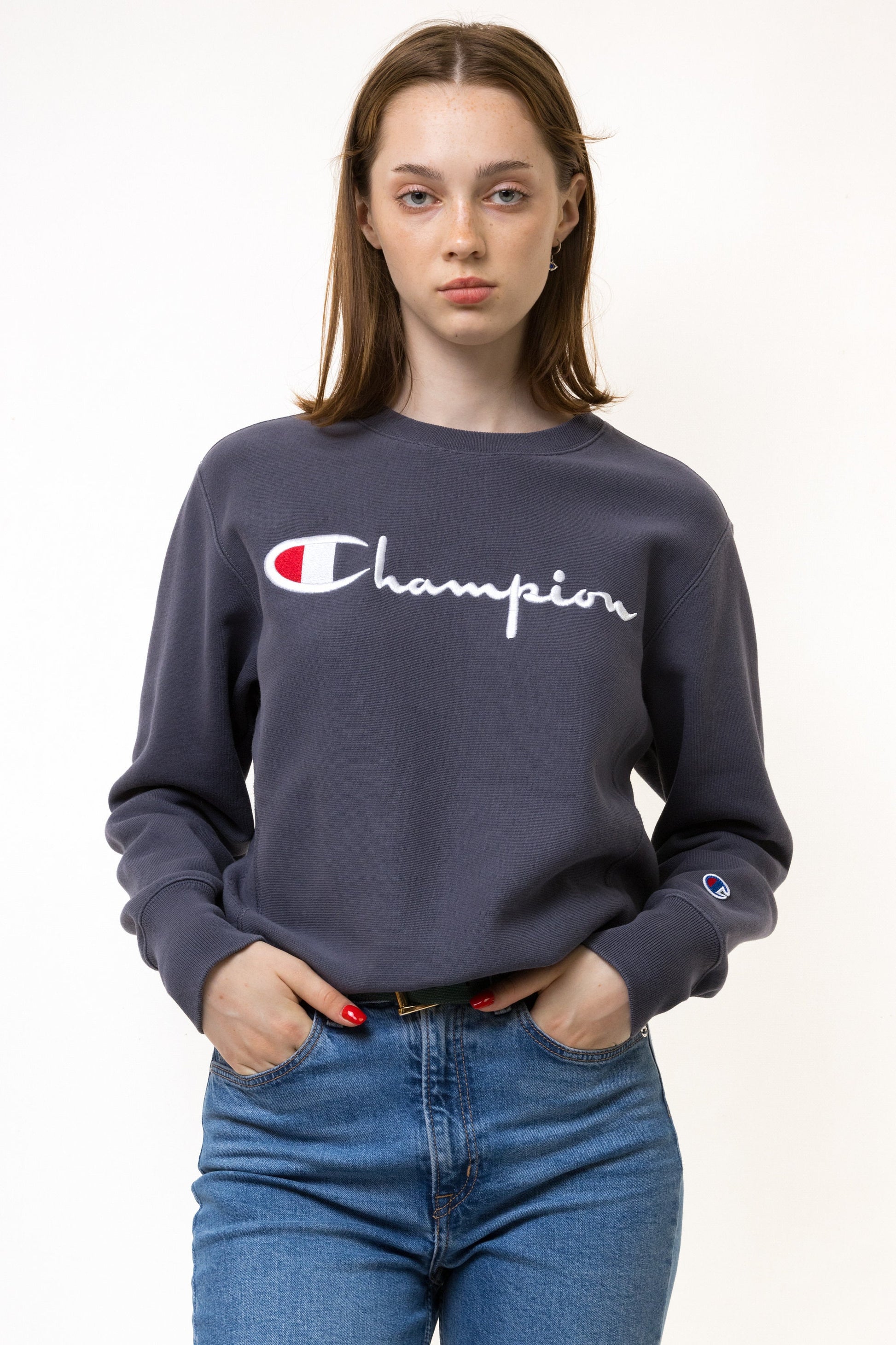 Vintage 90s Champion Sweatshirt Champion Crewneck Champion Sweater Streetwear Champion Logo Embroidered Jumper Sweater Gray Logo