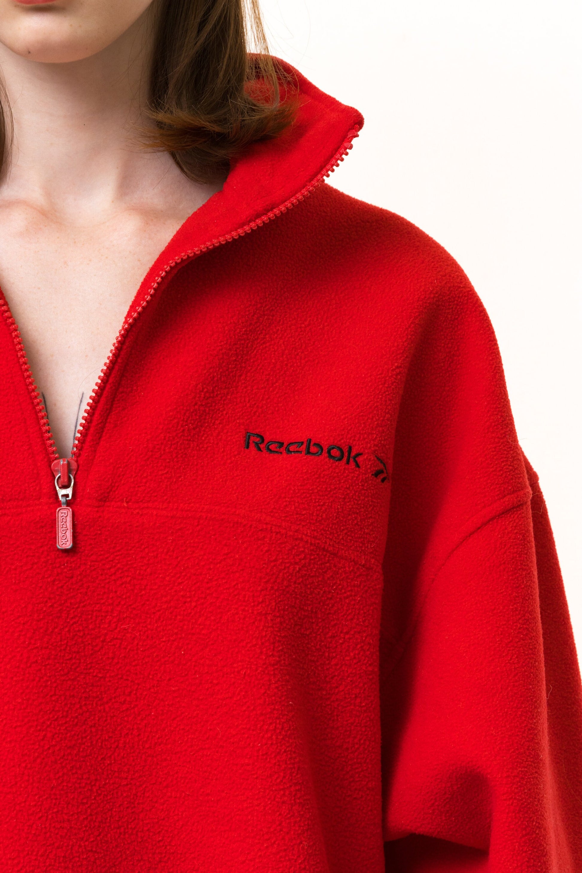 90s Vintage Reebok Unisex Red Quarter Zip Fastens Plants Abstract Pattern Fleece Sweater Size Medium Retro Winter Wear