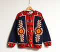 70s Vintage Del Mundo Ecuador Handknitted Wool Sweater Knitwear Blue Red Handmade Woman Free Size Pullover