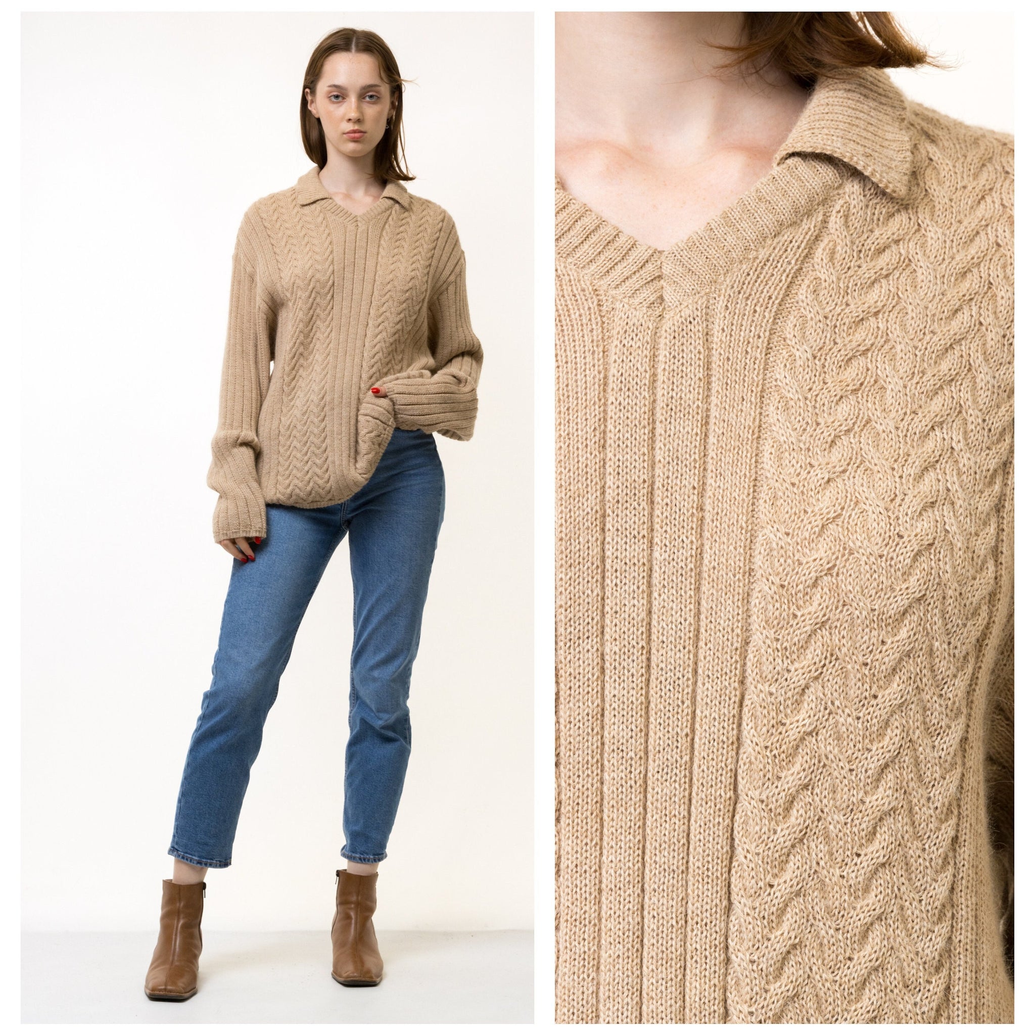 70s Vintage Oldschool Scotland Scandi Knitwear Beige Pullover Alpaca Sweater Jumper Pullover/ Vintage Fisherman Beige Unisex Cardigan