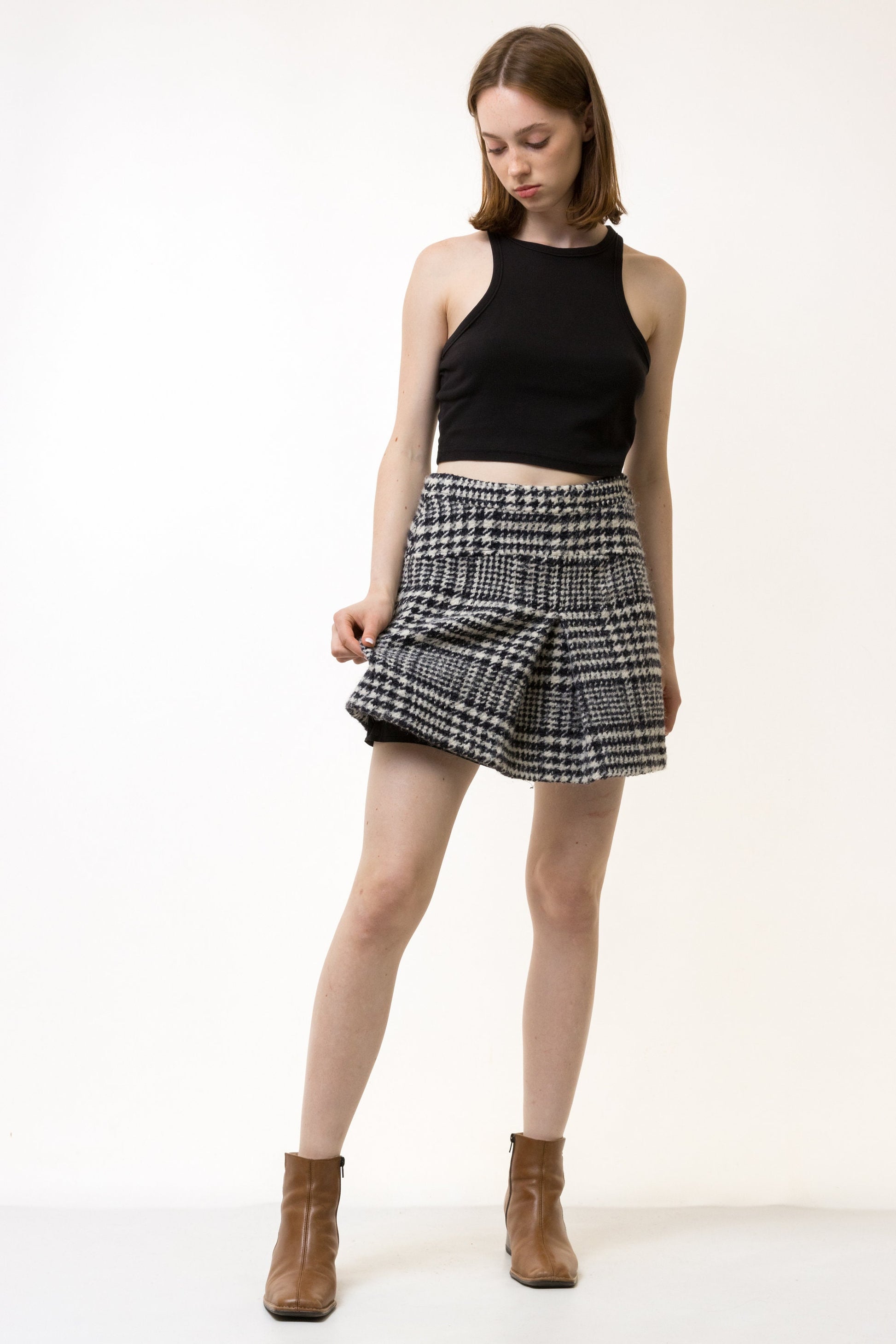 90s Vintage Black and White Checked Mini A Line Woman Skirt size S Small/ Vintage Woman Mini Wool Skirt/ Vintage Woman Clothing