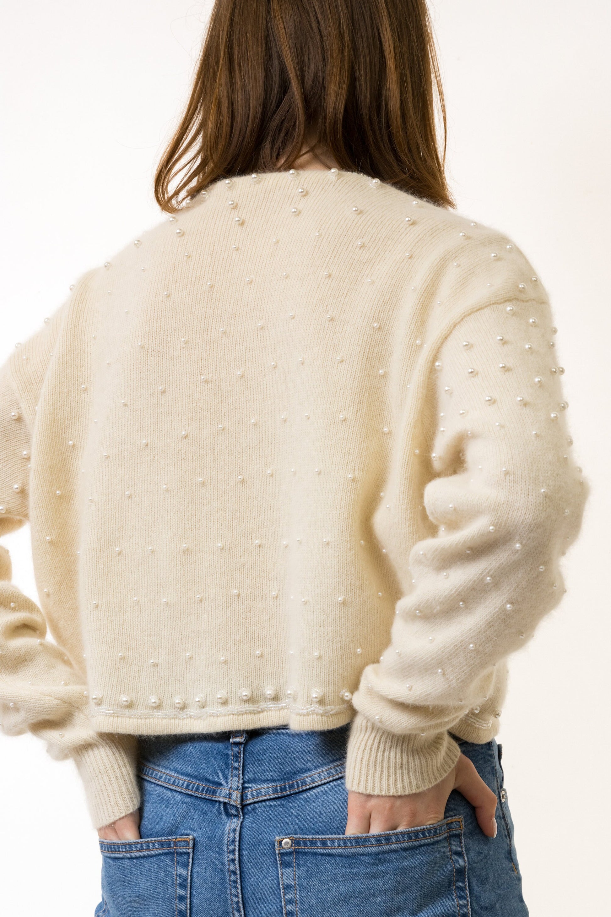 70s Vintage Woman Wool Angora White Beads Retro Woman Jumper Sweater Top in Small/ Vintage Woman Wool Jumper Sweater Cardigan