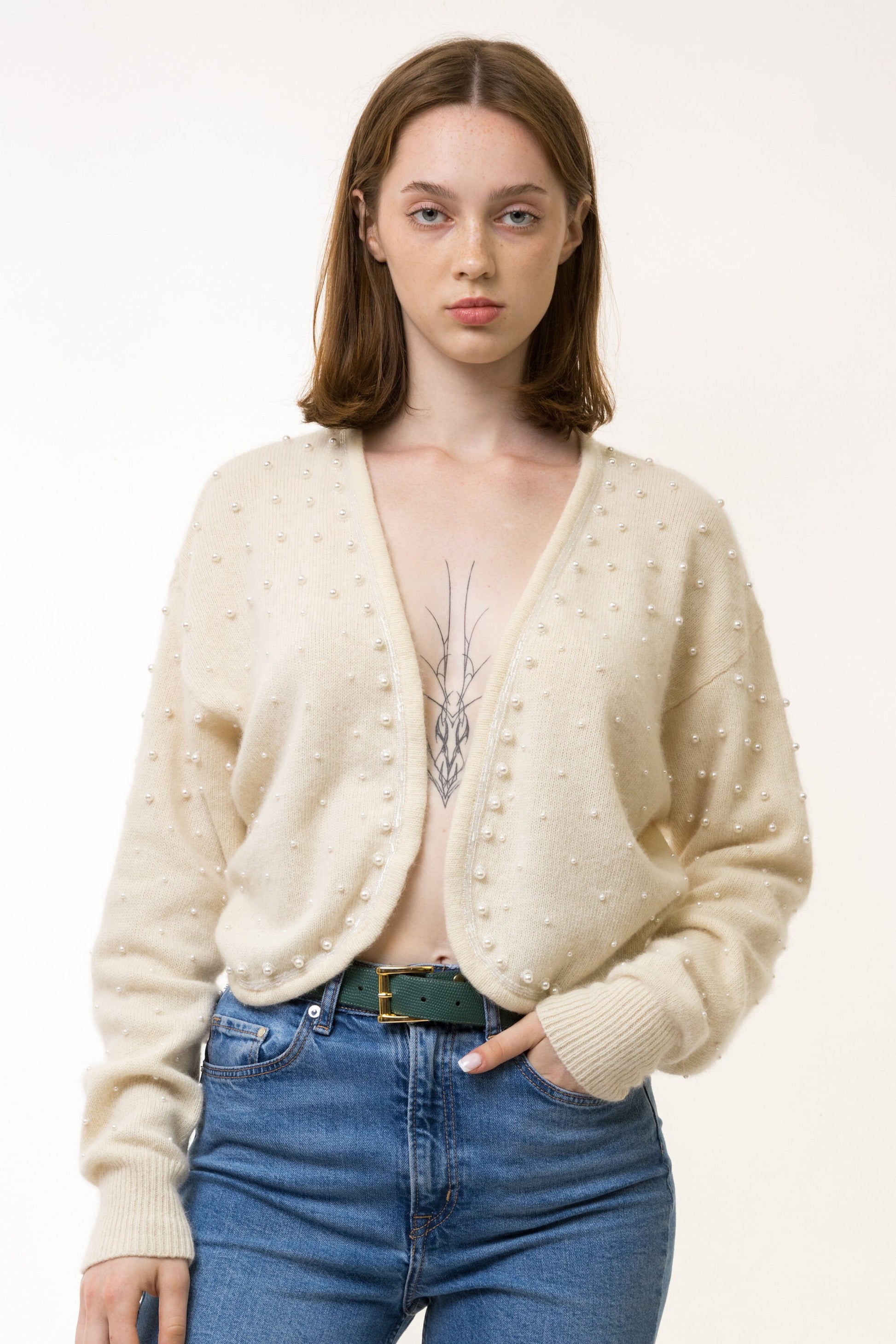 70s Vintage Woman Wool Angora White Beads Retro Woman Jumper Sweater Top in Small/ Vintage Woman Wool Jumper Sweater Cardigan