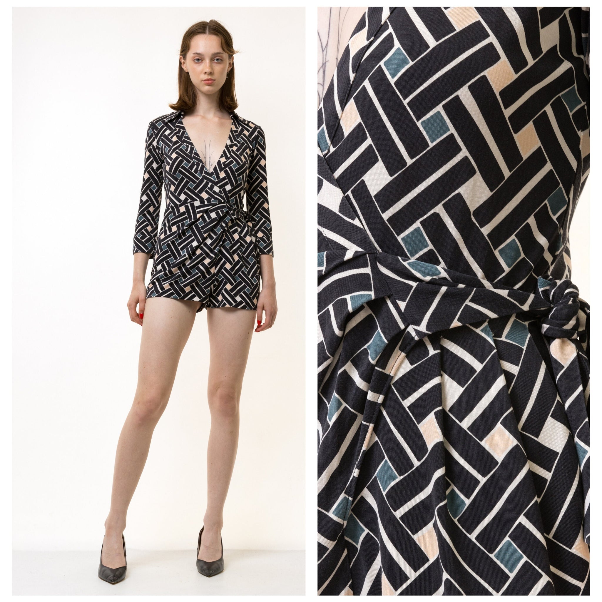 00s Vintage Diane von Furstenberg Wrap Silk Romper size 2 Black and White