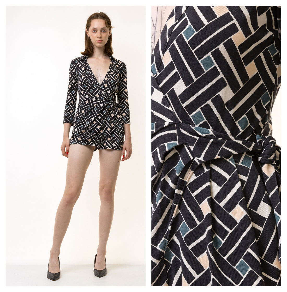 00s Vintage Diane von Furstenberg Wrap Silk Romper size 2 Black and White