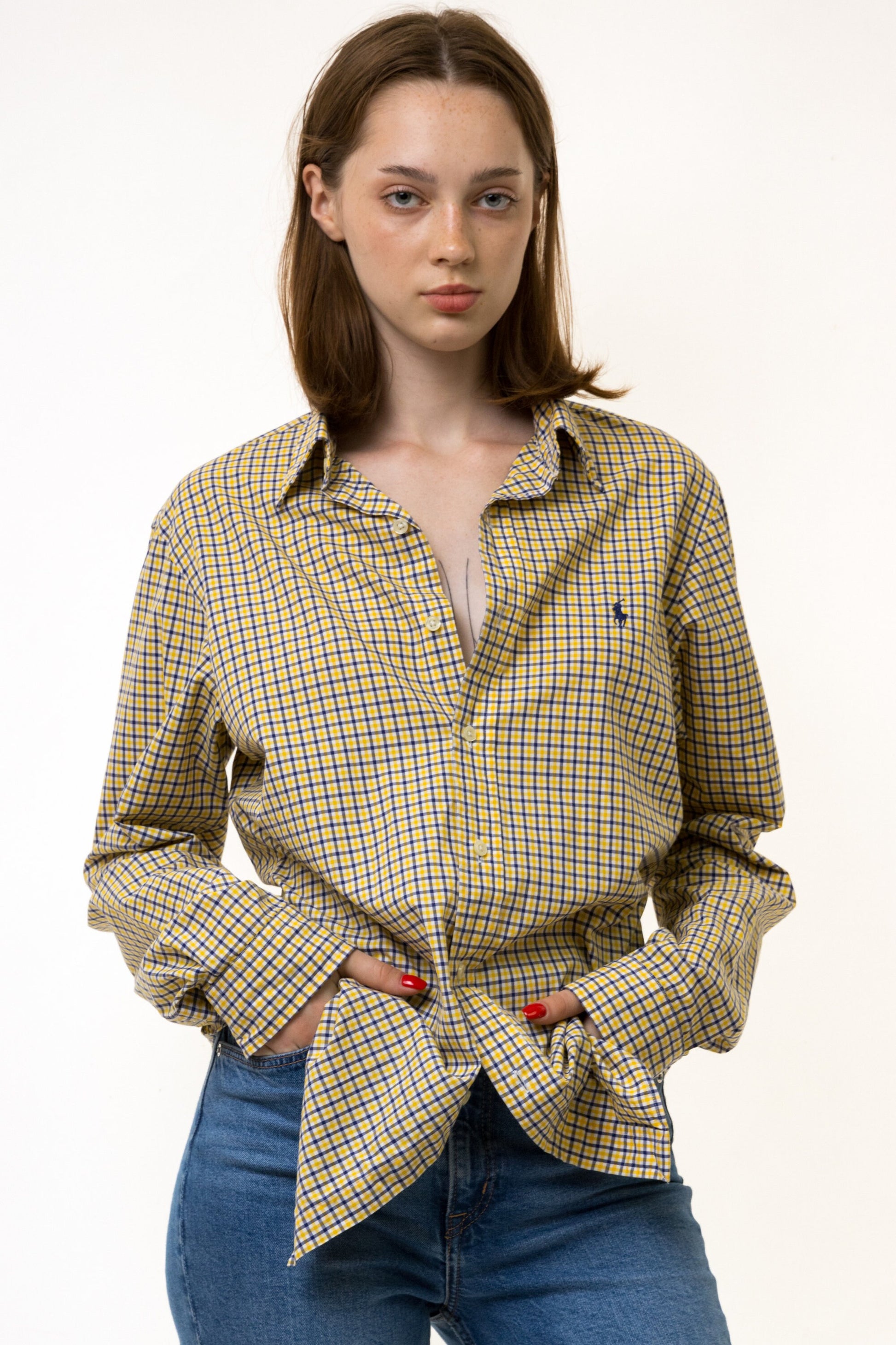 Vintage Ralph Lauren Yellow Cotton Logo Long Sleeve Buttons Up Woman Shirt/ Vintage Ralph Lauren Unisex Checked Medium Woman Shirt