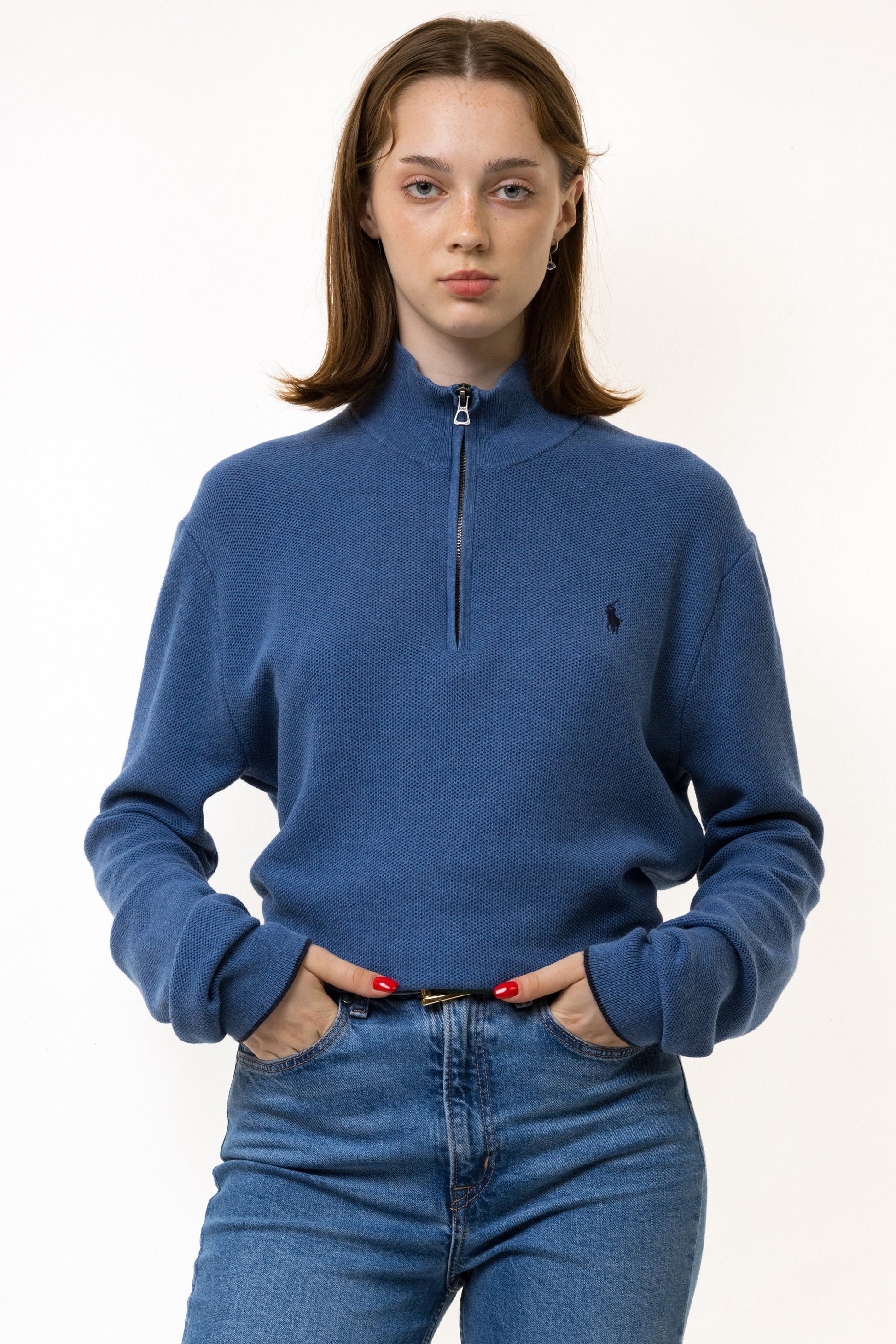 Vintage Polo Ralph Lauren Blue Pima Cotton Relaxed Fit Ribbed Quarter Zip Pullover with Blue Pony Logo Medium