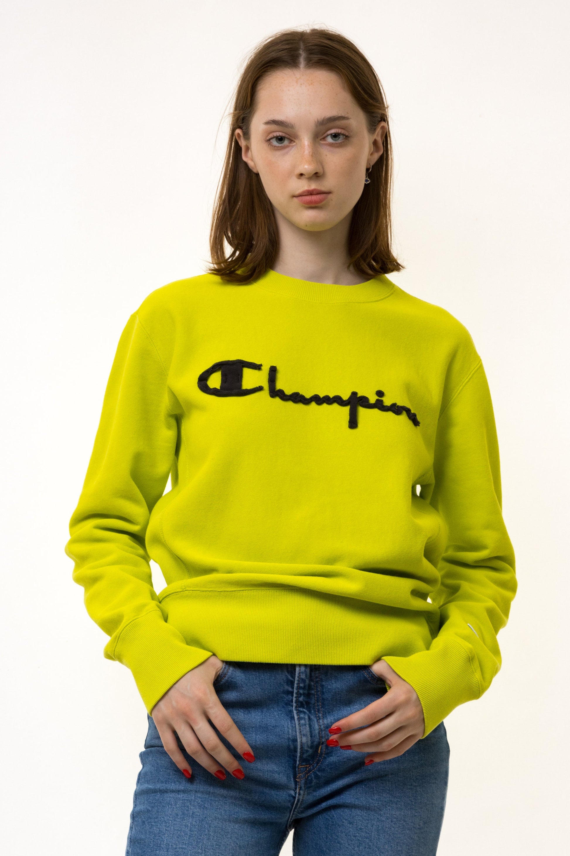 Vintage 90s Champion Sweatshirt Champion Crewneck Champion Sweater Streetwear Champion Logo Embroidered Jumper Sweater Yellow Logo