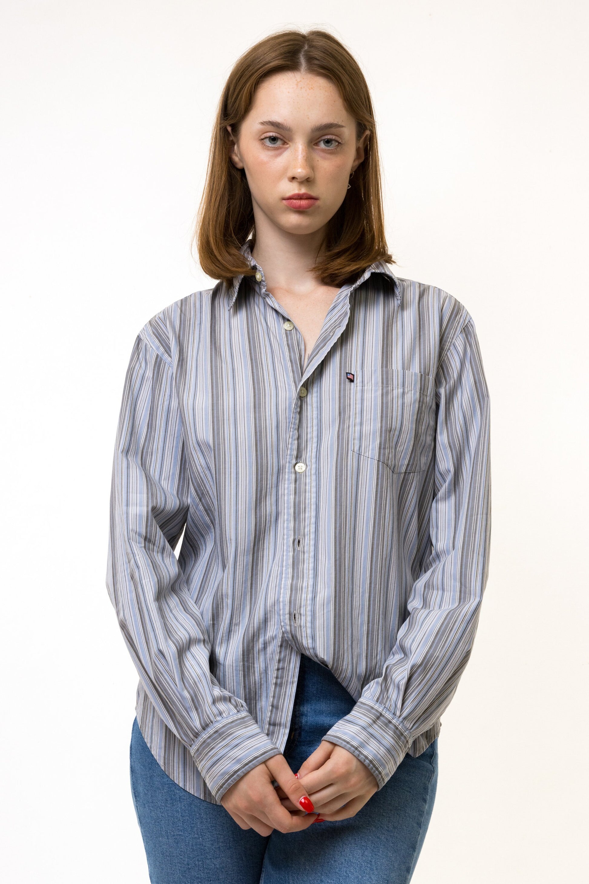 Vintage Ralph Lauren Blue Cotton Logo Long Sleeve Buttons Up Woman Shirt/ Vintage Ralph Lauren Unisex Striped Small Woman Shirt