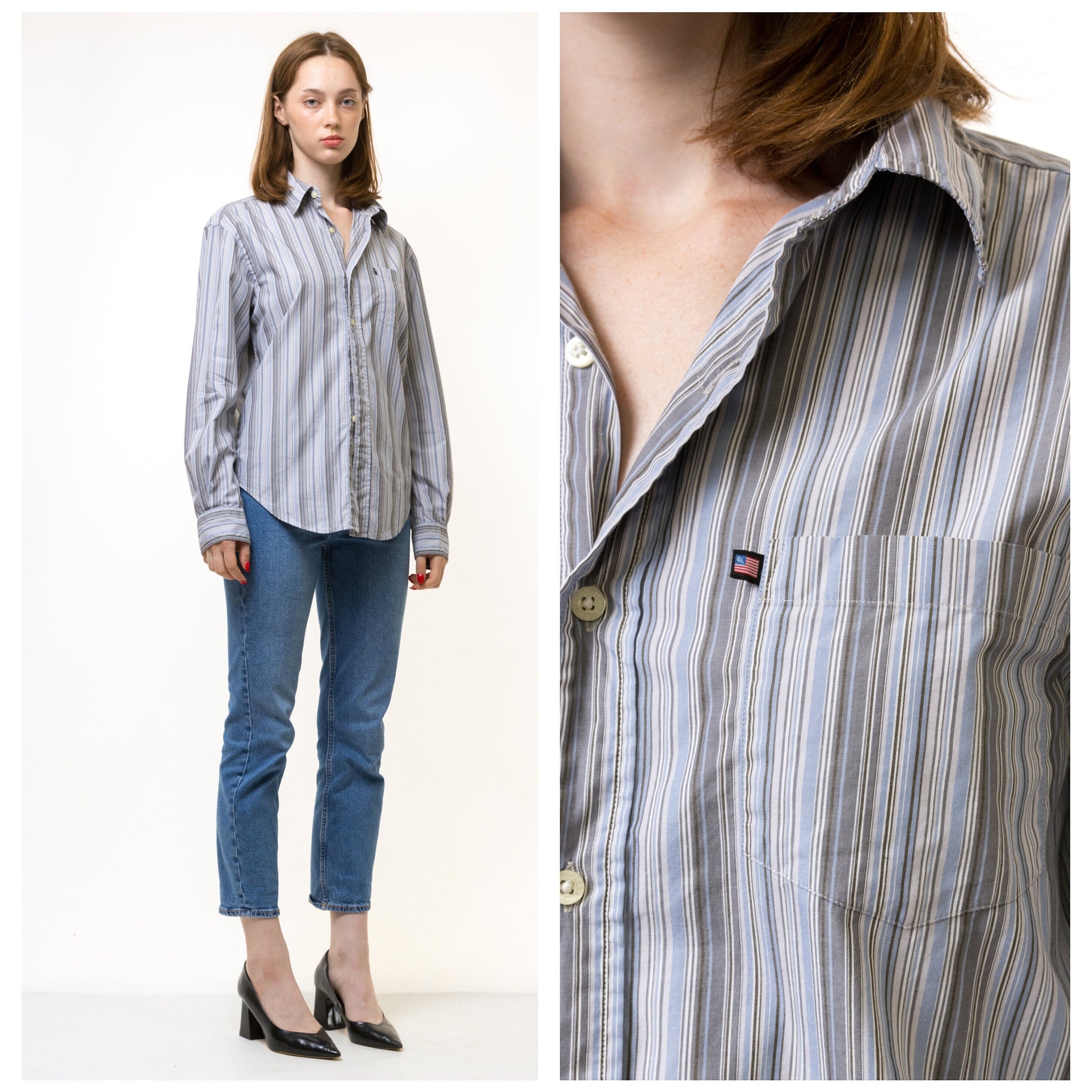 Vintage Ralph Lauren Blue Cotton Logo Long Sleeve Buttons Up Woman Shirt/ Vintage Ralph Lauren Unisex Striped Small Woman Shirt