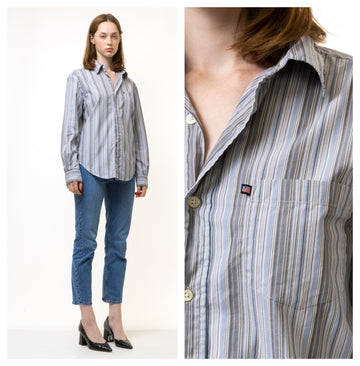 Vintage Ralph Lauren Blue Cotton Logo Long Sleeve Buttons Up Woman Shirt/ Vintage Ralph Lauren Unisex Striped Small Woman Shirt