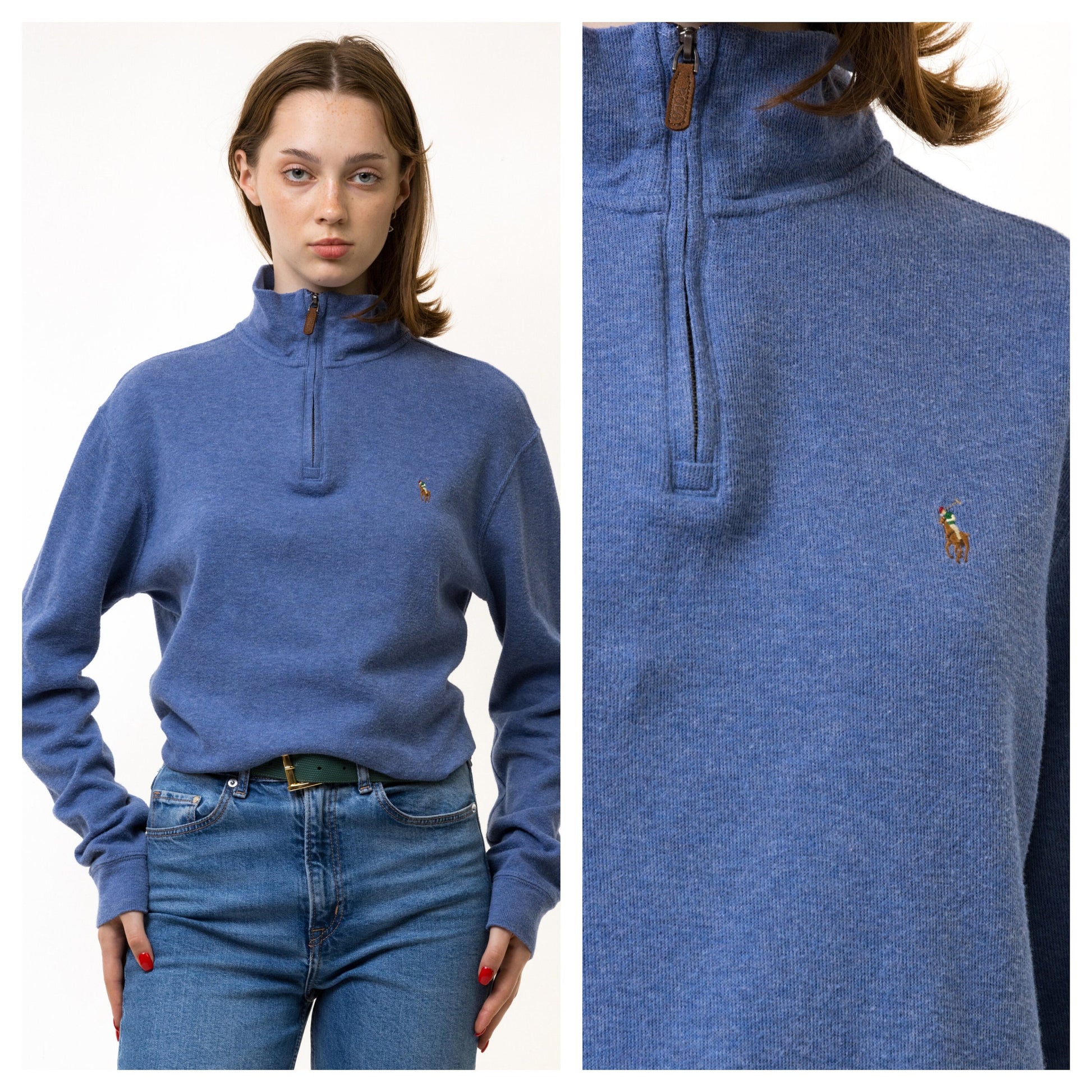 Ralph Lauren Sweater y2k Blue 1/4 Quarter Zip Polo Sweater Knitted Cotton Knit Pullover Jumper Plain Retro Basic Vintage 90s Womens Medium