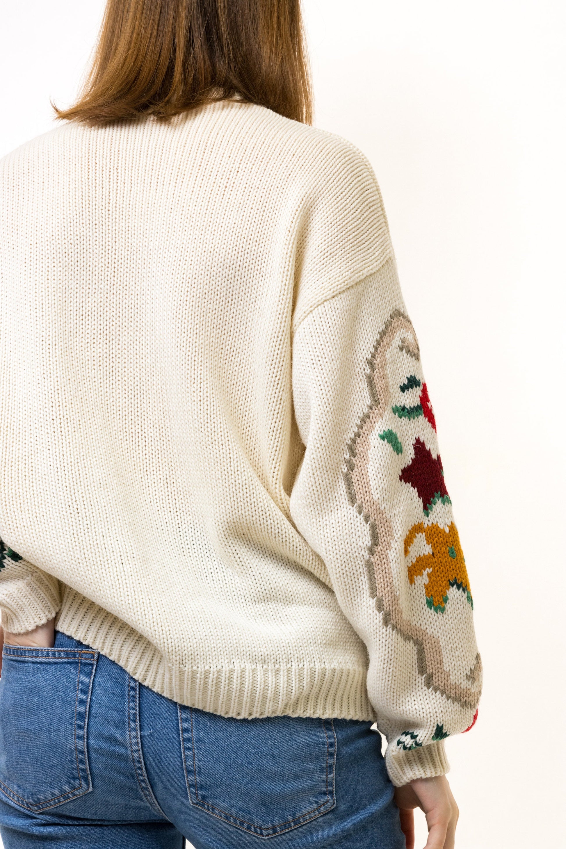 Vintage White Knitted Embroidered Women's Acryl Sweater Embroidered Multi Small Flowers Sweater Pullover Vintage Pullover Small size