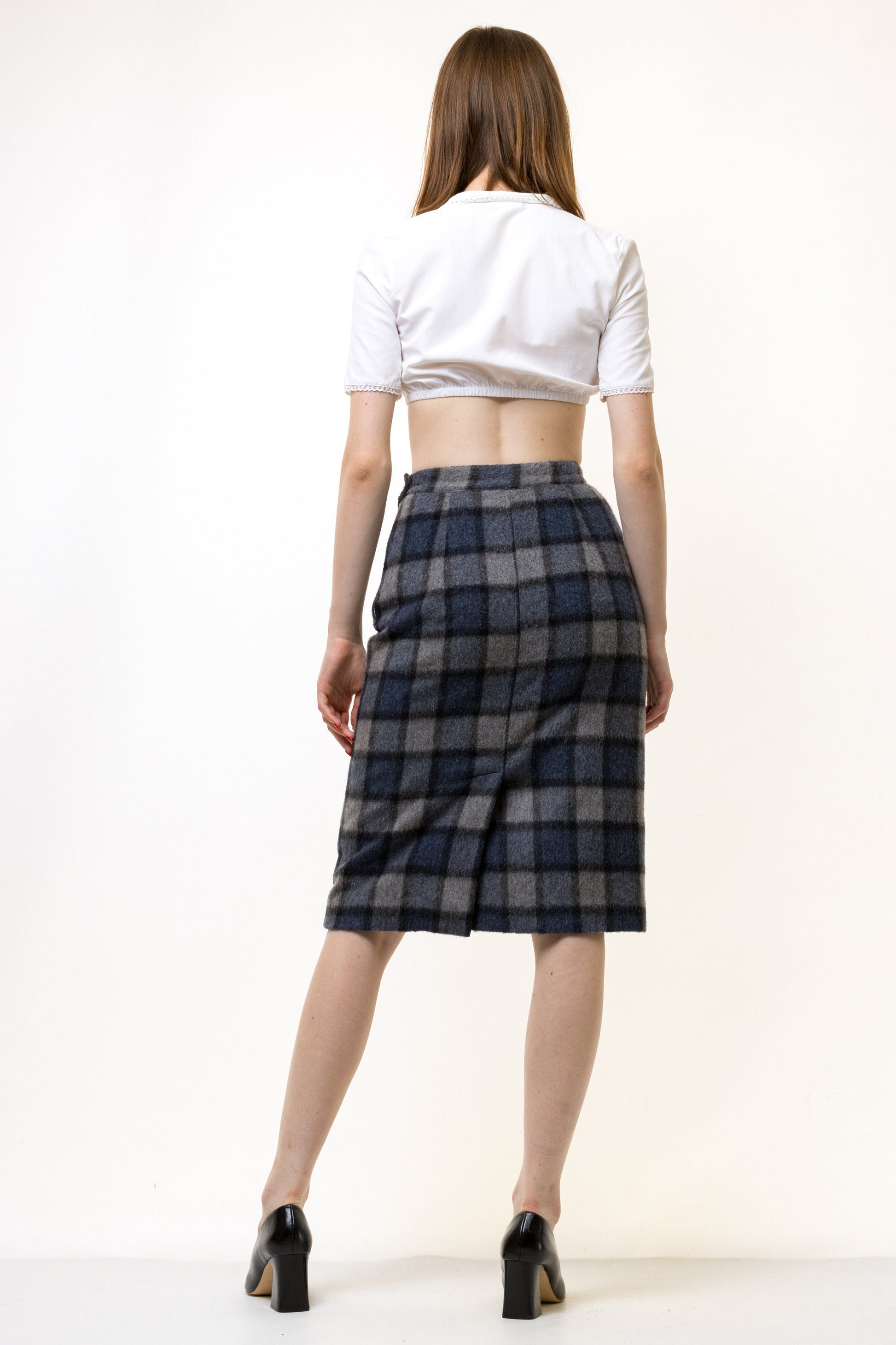 60s Vintage Wool Tartan Skirt Pencil Plaid Mini High Waist 60s S Small