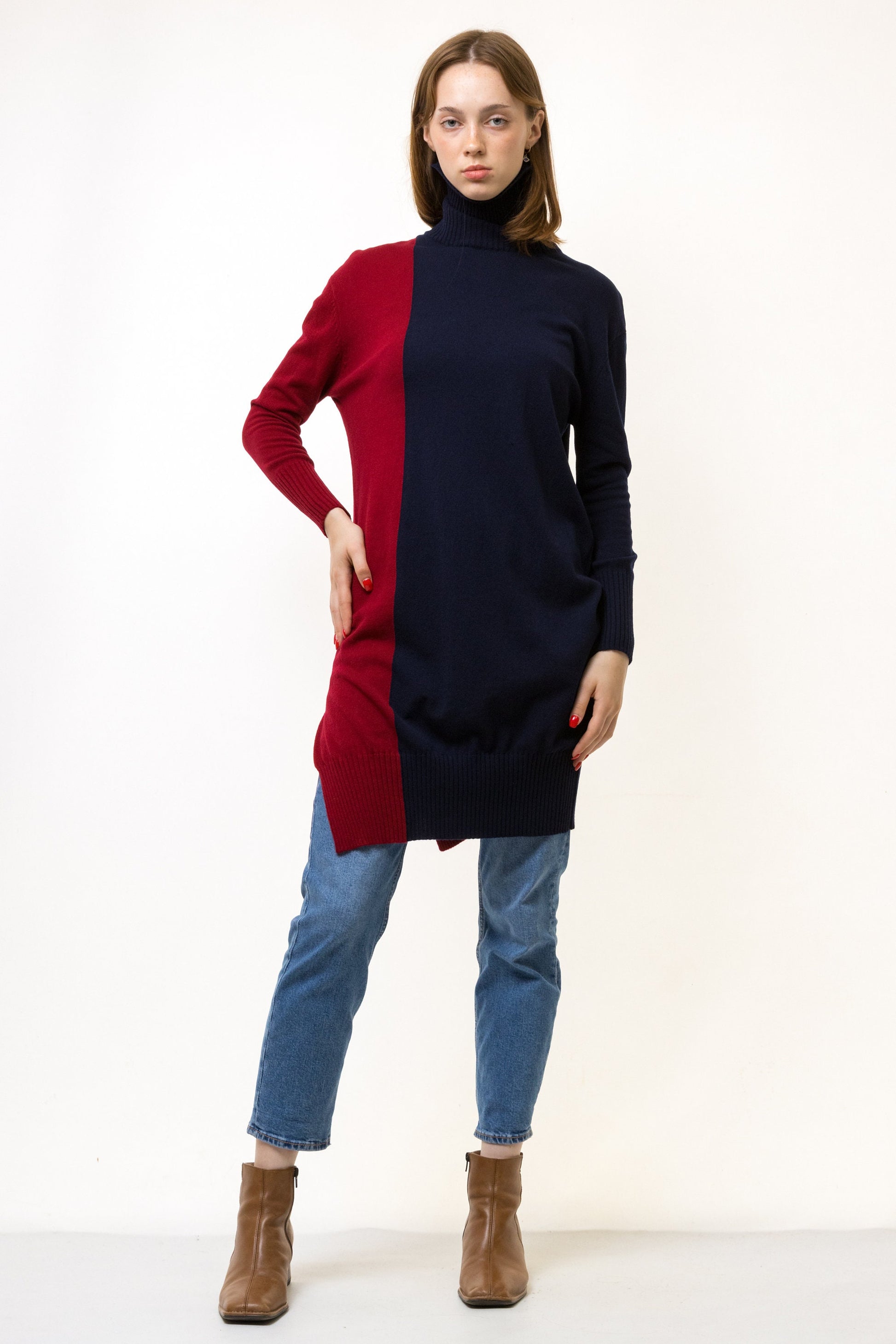 90s Vintage Navy Blue Woman Knitted Knit Woolmark 100% Wool Blue Red Dress Cardigan size Small Dress Classic Wear Dress